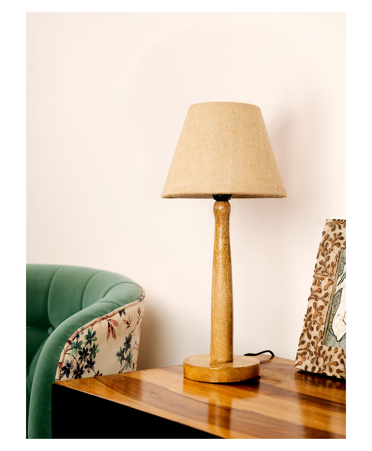Green Girgit Wooden Brown Lamp with Taper Brown Jute Shade-image-46