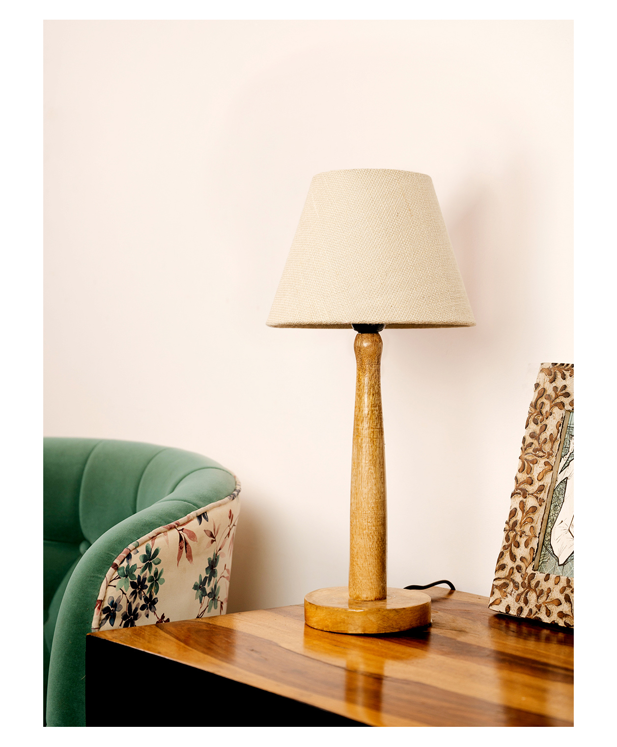 Green Girgit Wooden Brown Lamp with Taper White Jute Shade-image-47