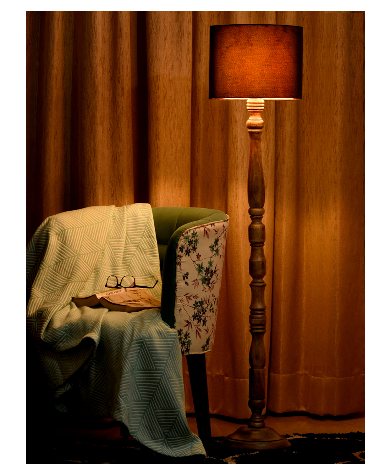 Green Girgit Dark Brown Floor Lamp with Black Cotton Shade-image-6