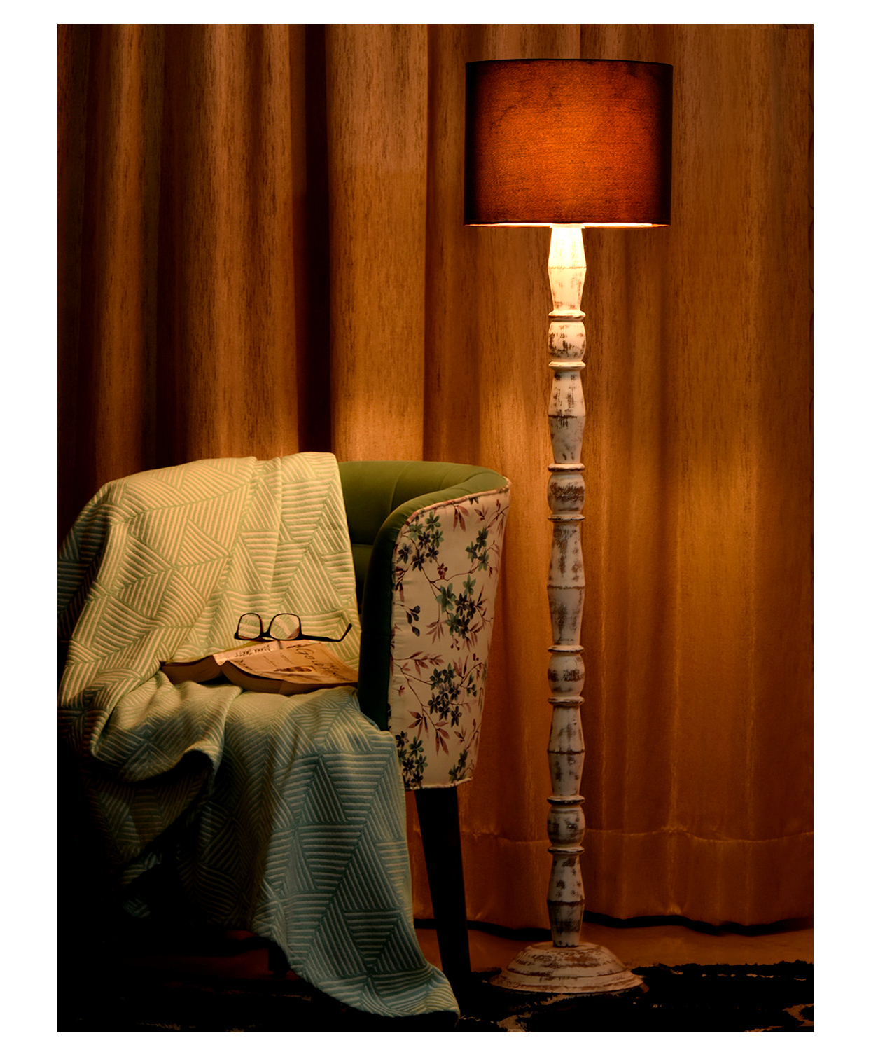 Green Girgit Distress White Floor Lamp with Black Cotton Shade-image-32
