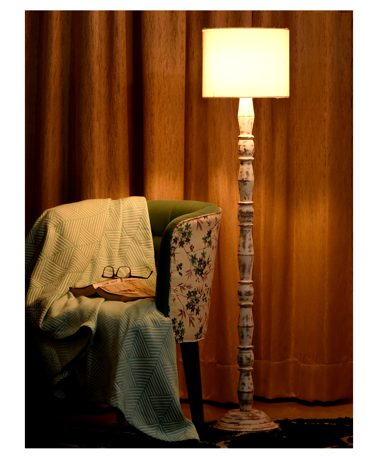 Green Girgit Distress White Floor Lamp with White Cotton Shade-image-37