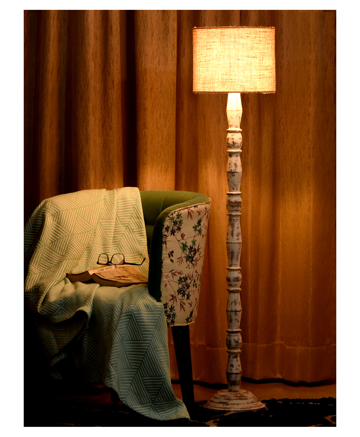 Green Girgit Distress White Floor Lamp with Brown Jute Shade-image-35