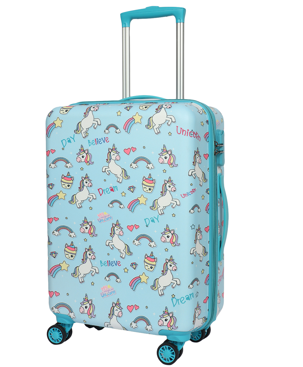 Novex Kids Unicorn Hard Sided Kids Trolley Bag with 4 Wheel - Turquoise 18 Inch-image-2