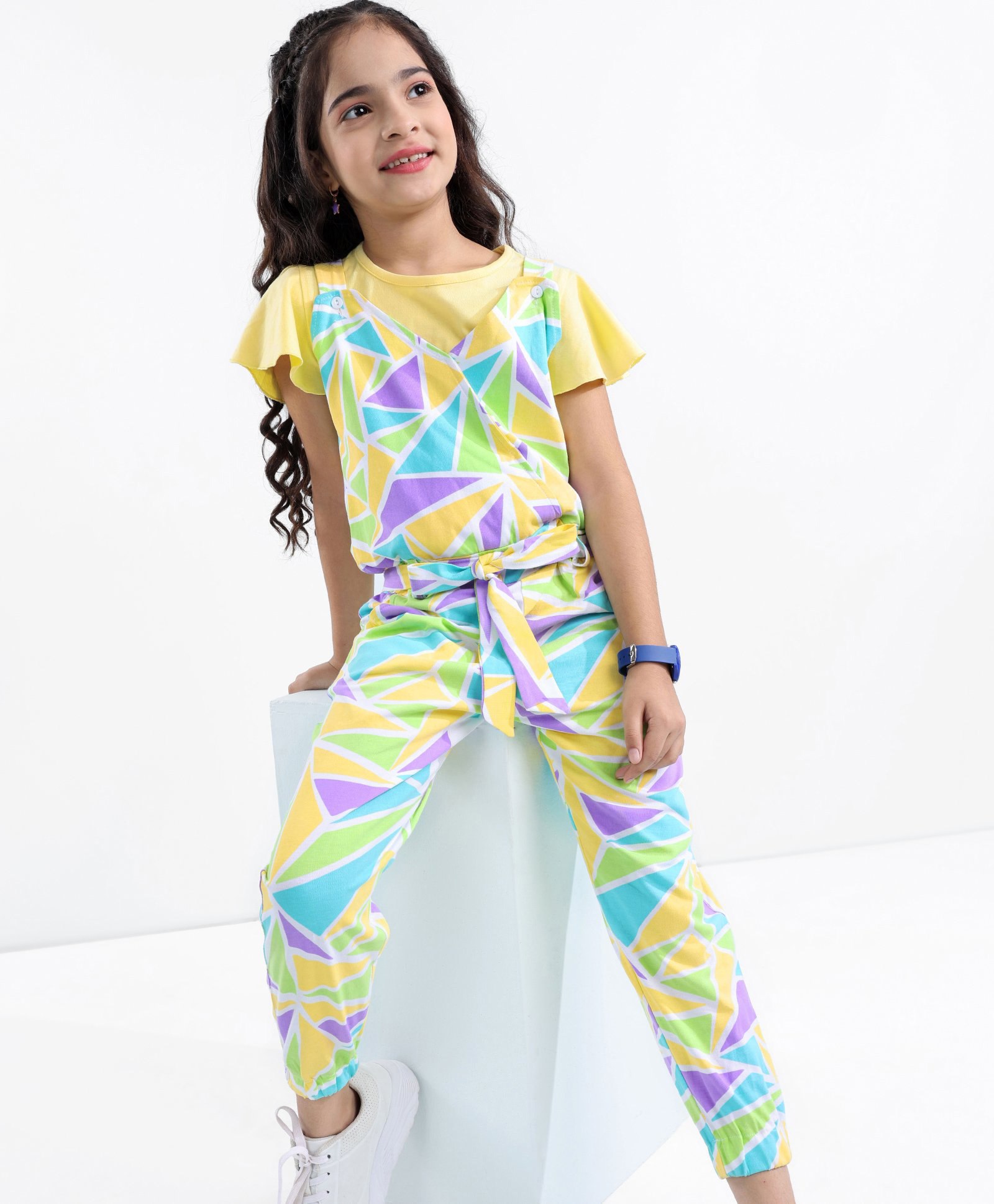 OLLINGTON ST. 100% Cotton Knit Abstract Printed Dungaree with Half Sleeves Top - Yellow & Multicolor-picture-19