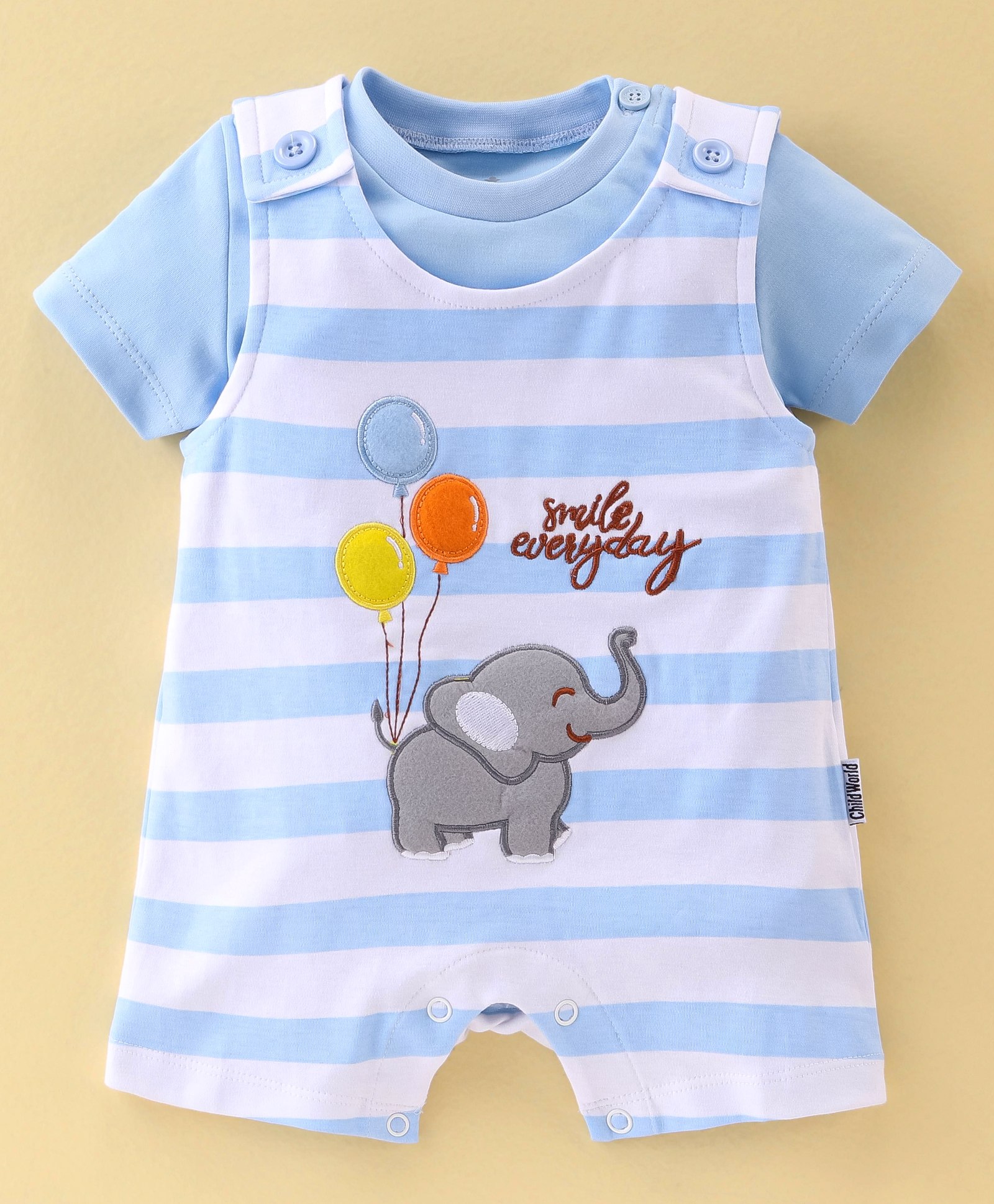 Child World Cotton Interlock Knit Elephant Embroidered Dungaree Style Romper with Half Sleeves Inner Tee - Sky Blue-picture-20