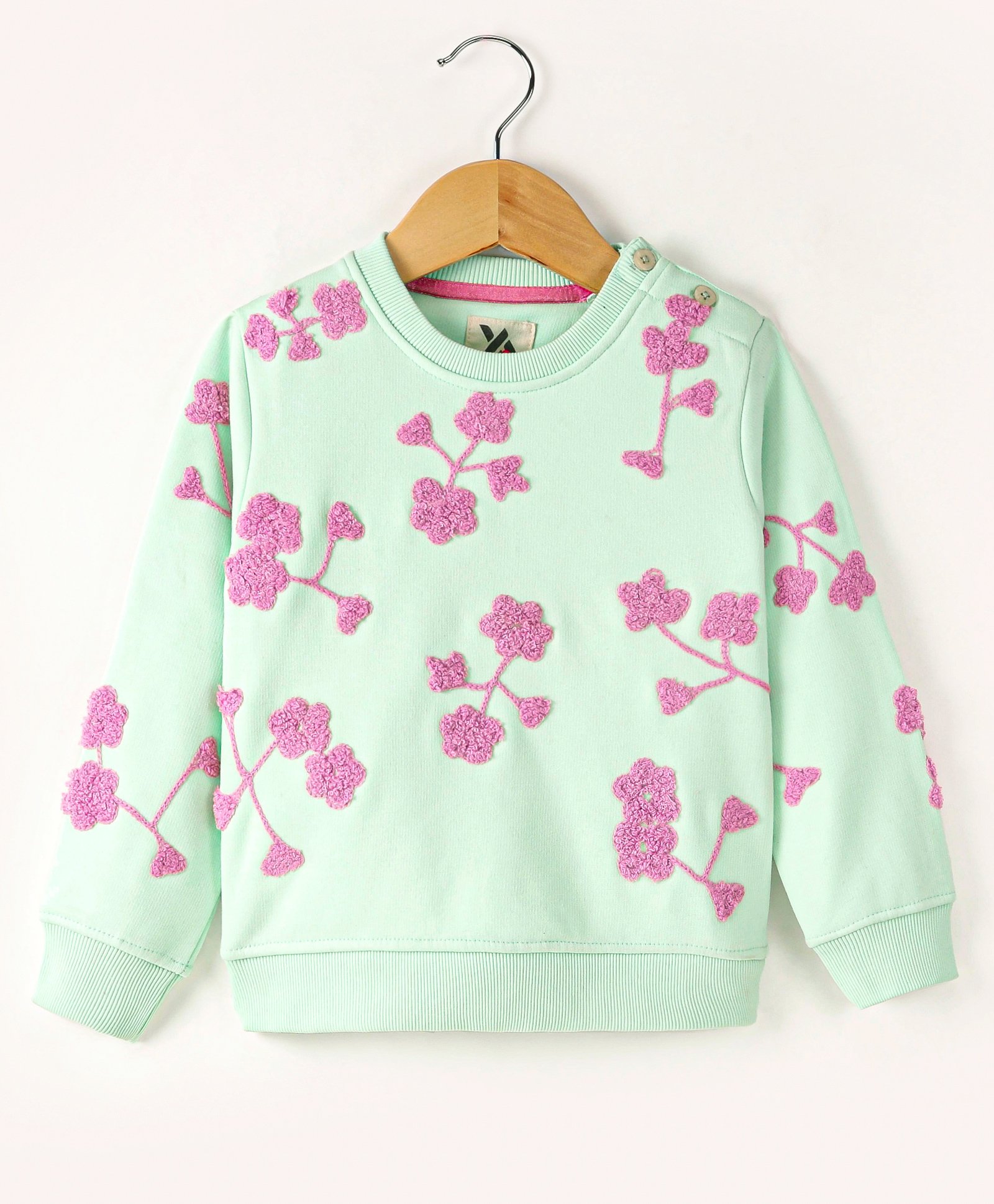 Yellow Apple Cotton Knit Full Sleeves Pullover with Floral Embroidered - Sea Green-image-30