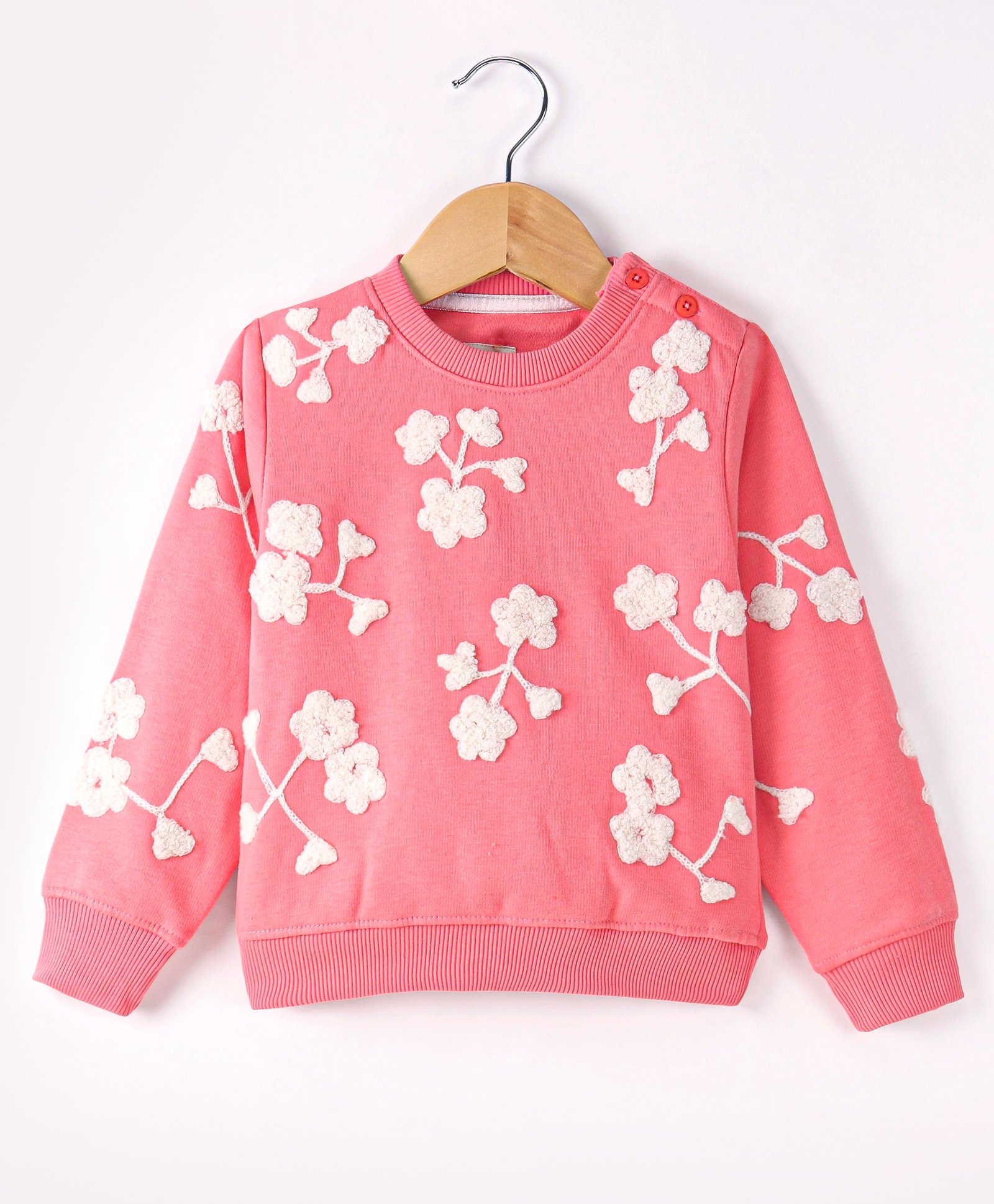 Yellow Apple Cotton Knit Full Sleeves Pullover with Floral Embroidered - Coral-image-29