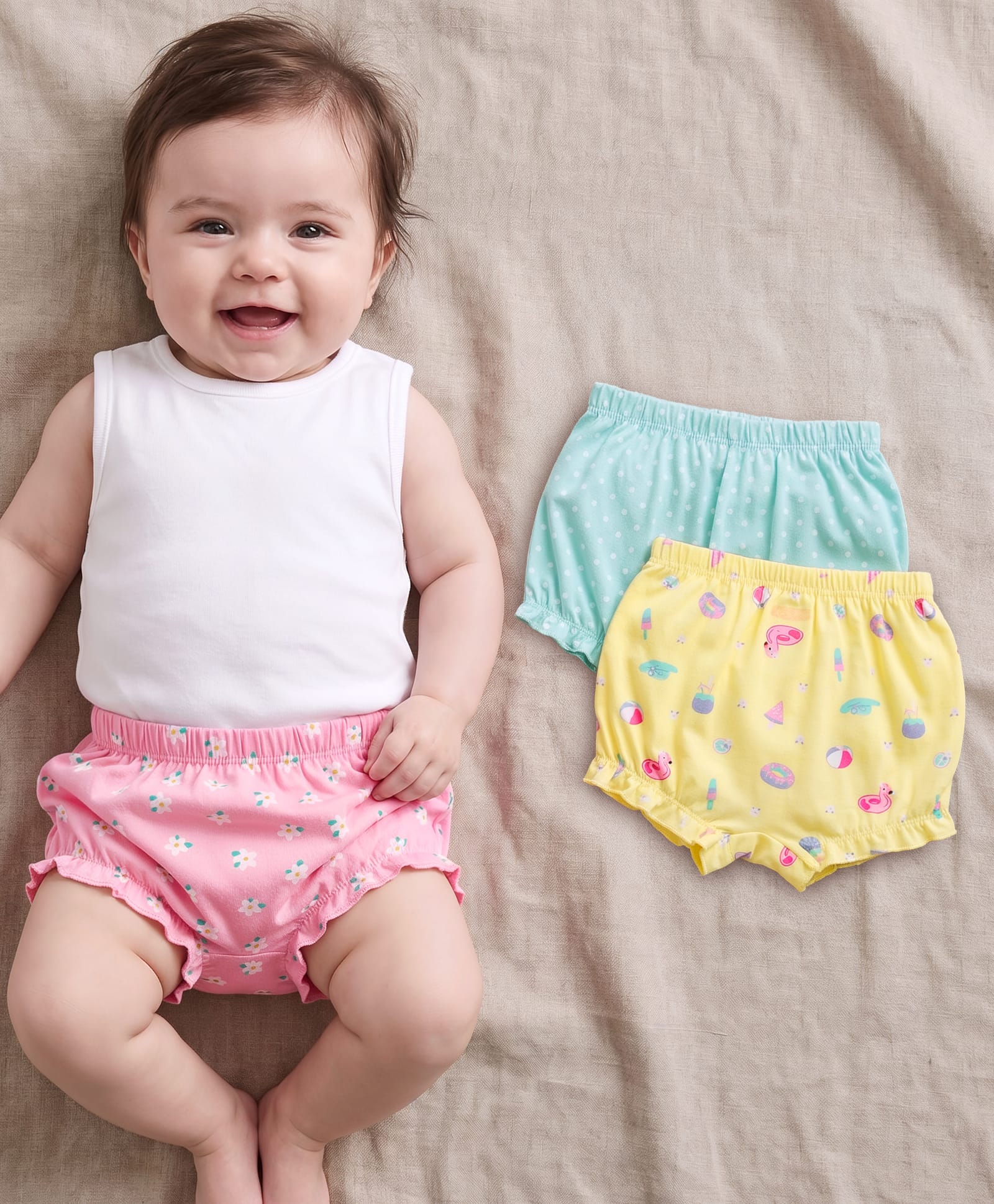 Babyhug 100% Cotton Knit Dot & Flower Print Bloomers Pack of 3- Blue Pink & Yellow-image-39