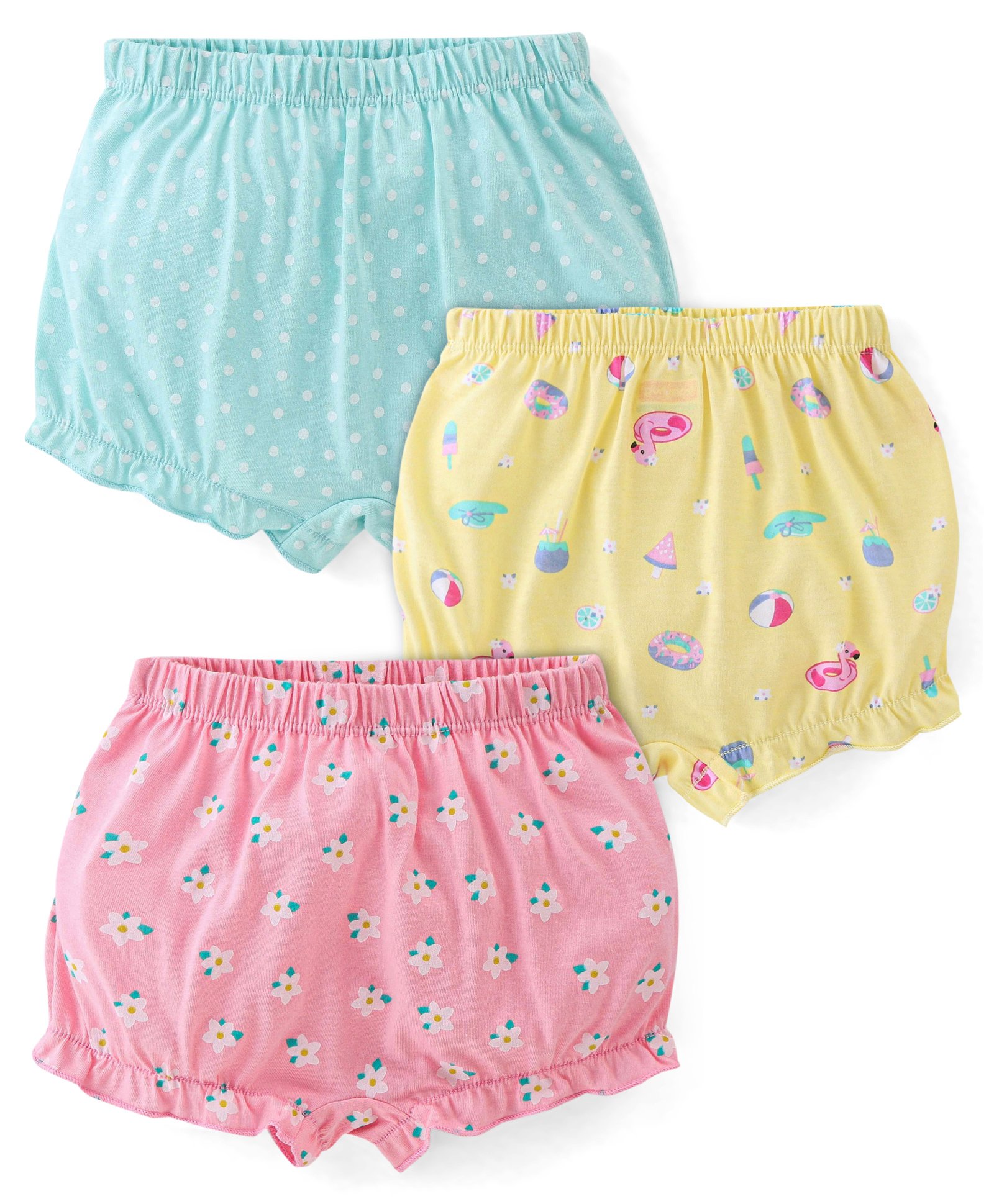 Babyhug 100% Cotton Knit Dot & Flower Print Bloomers Pack of 3- Blue Pink & Yellow
