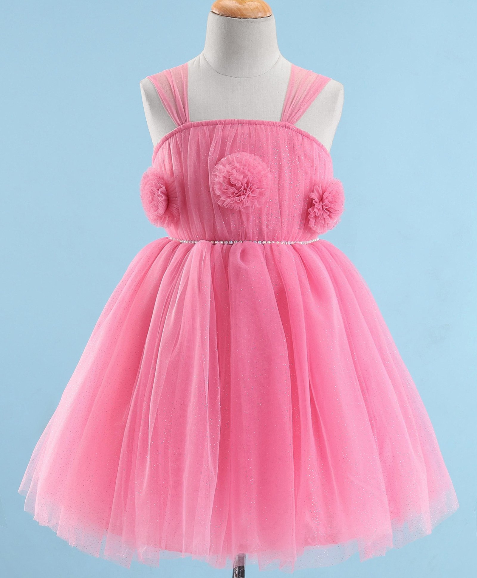 Bluebell Net DC Sleeveless Party Frock With Floral Corsage - Peach-image-8