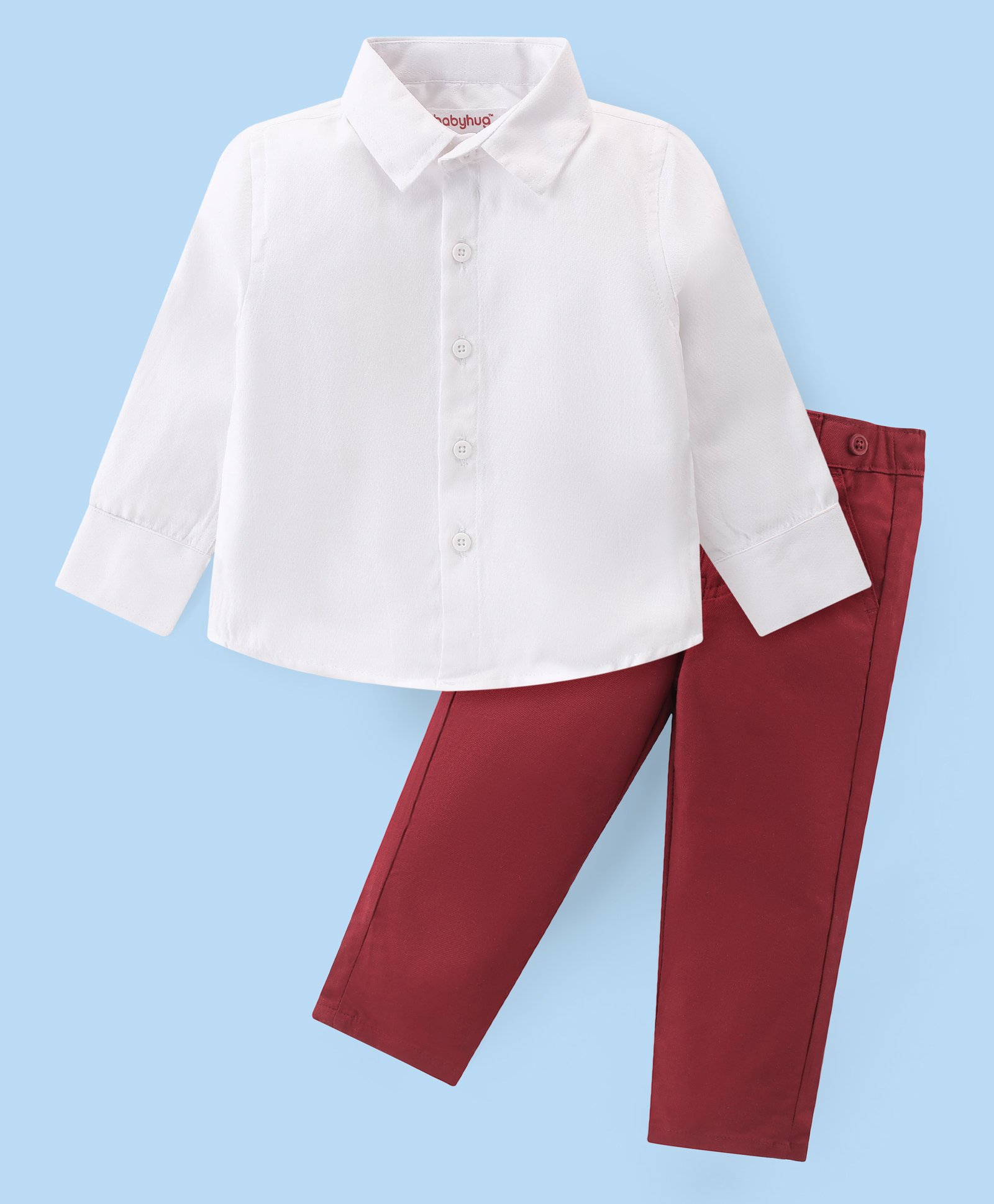 Babyhug Knit Full Sleeves Solid Color Party Shirt & Trousers with Bow & Suspender - White & Maroon-image-34