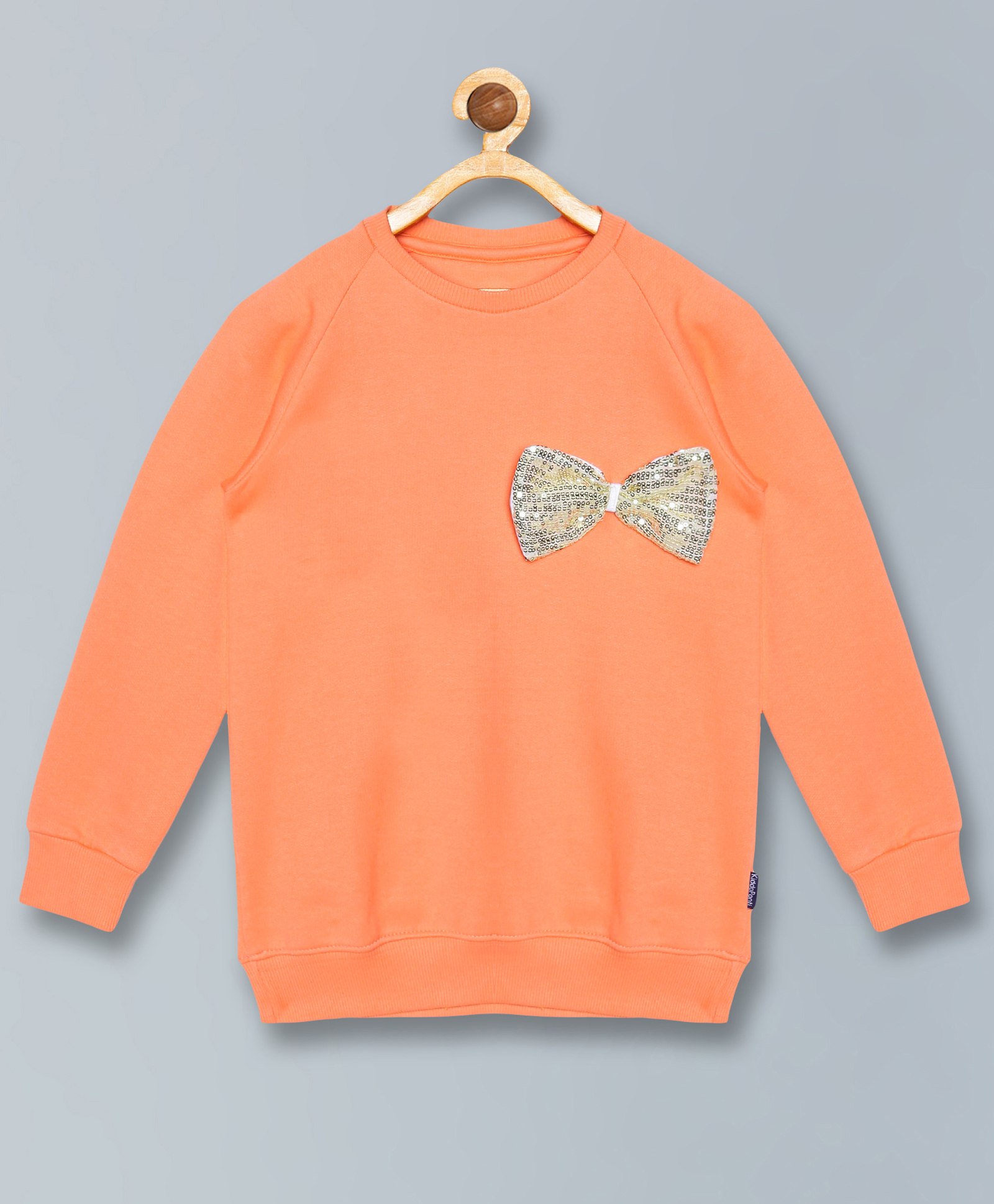 Kiddopanti Full Sleeves Bow Applique Sequin Embellished Sweatshirt - Peach-picture-14