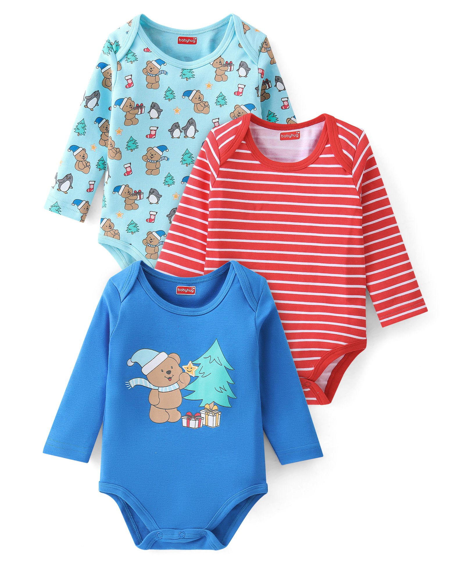 Babyhug 100% Cotton Full Sleeves Onesies With Teddy Print Pack Of 3 - Blue & Red-image-24