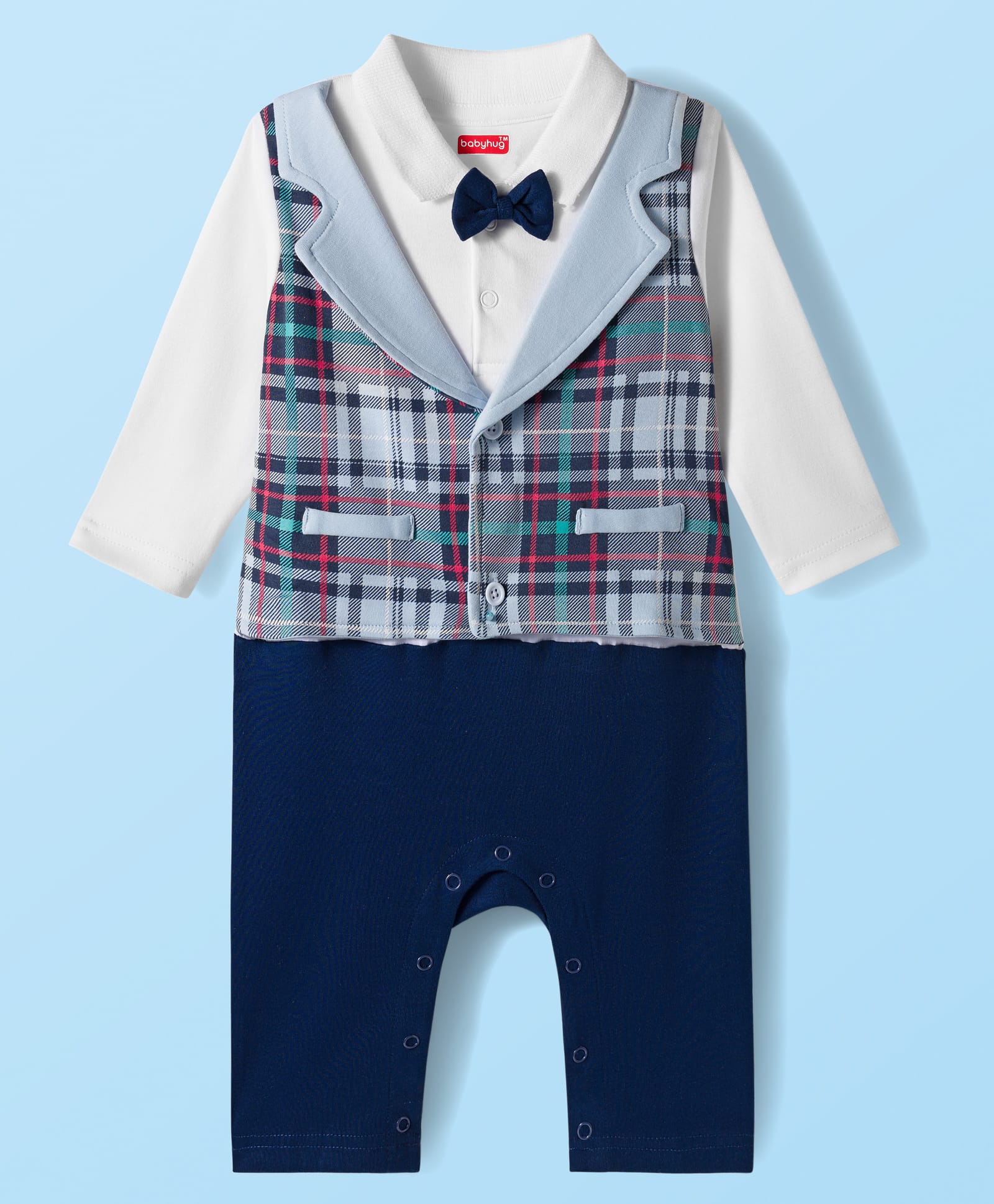 Babyhug 100% Cotton Full Sleeves Romper Checkered - White & Navy Blue-image-9