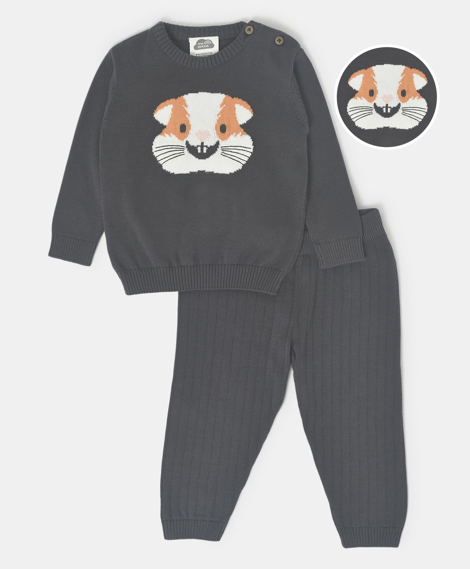 Mi Arcus 100% Cotton Full Sleeves Dog Face Embroidered Tee  With Joggers Winter Set - Dark Grey-image-33