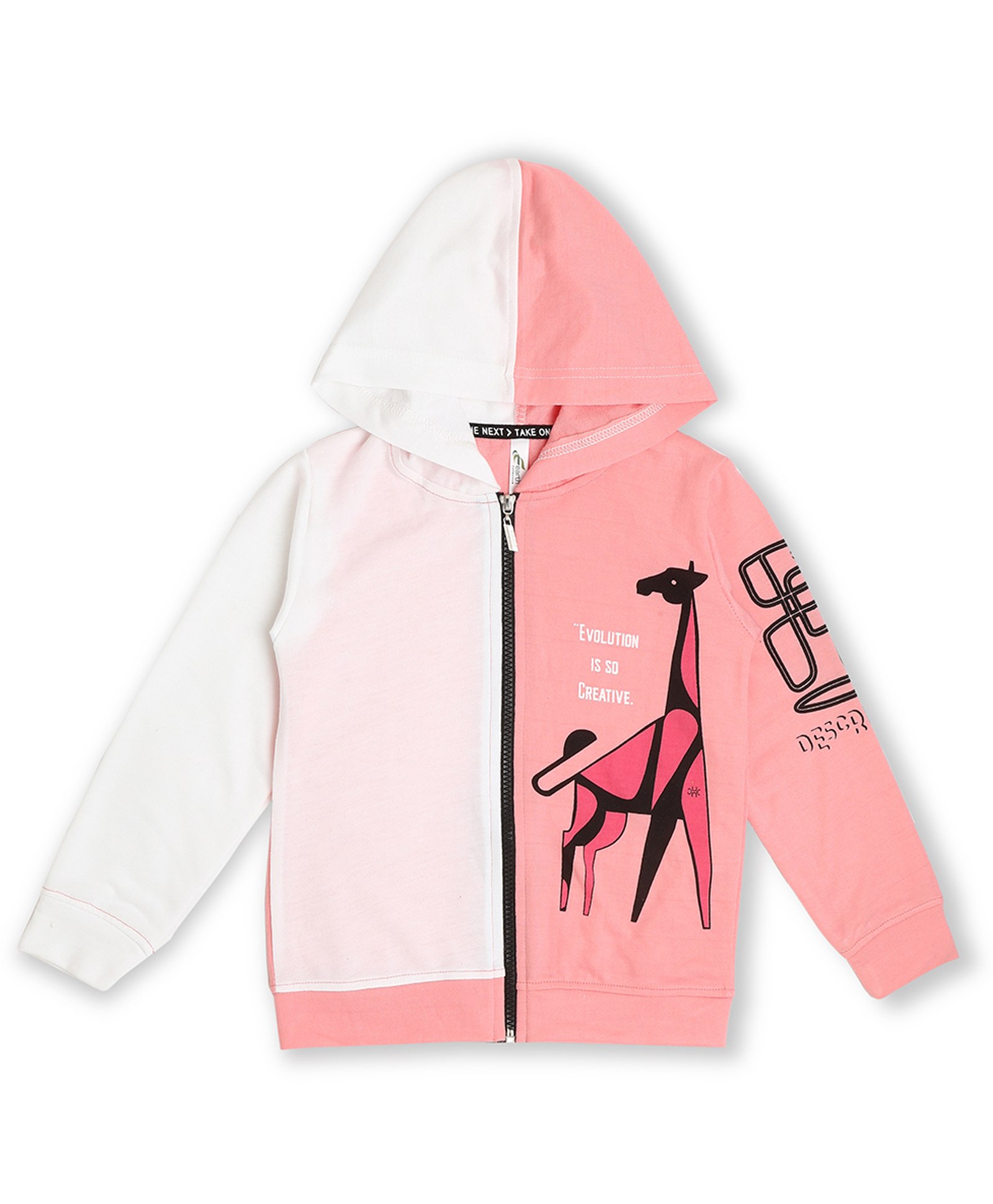 Earth Conscious Full Sleeves Colour Blocked & Text Printed Looper Knit Bomper Style Hooded Sweat Jacket - White & Pink-picture-23