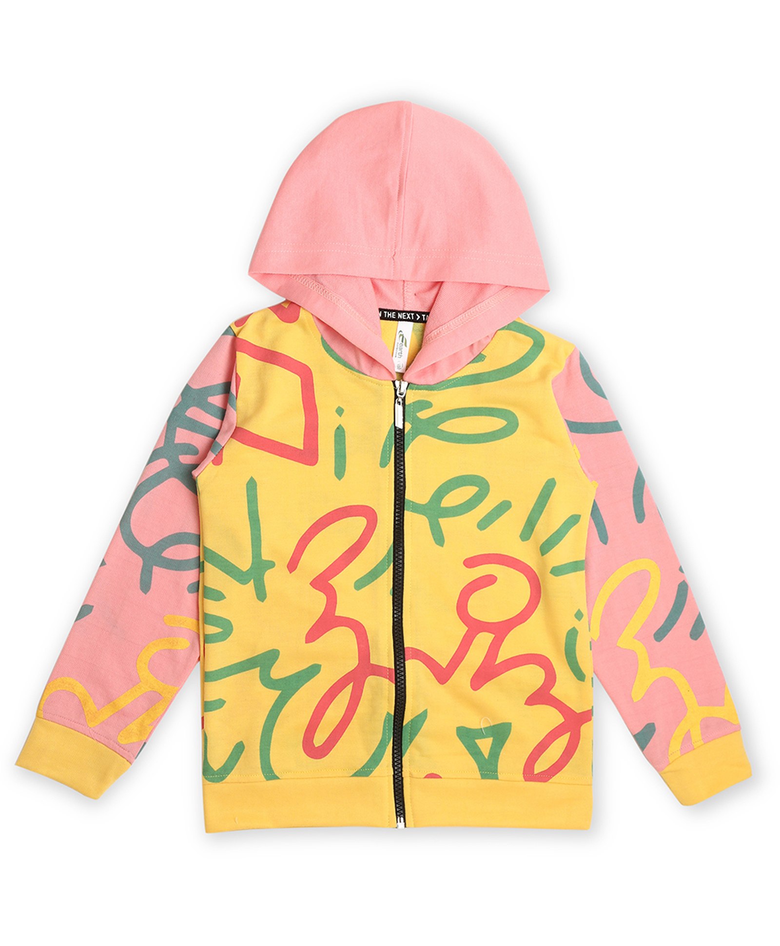 Earth Conscious Full Sleeves Colour Blocked & Text Printed Looper Knit Bomper Style Hooded Sweat Jacket - Yellow & Pink-picture-17