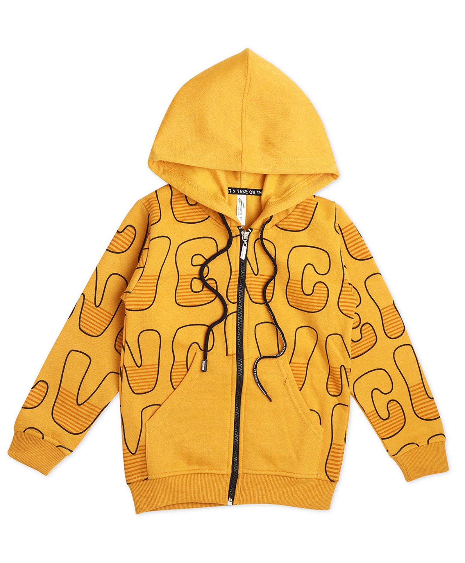 Earth Conscious Fleece Full Sleeves Text Printed Hooded Jacket - Golden Yellow-picture-15