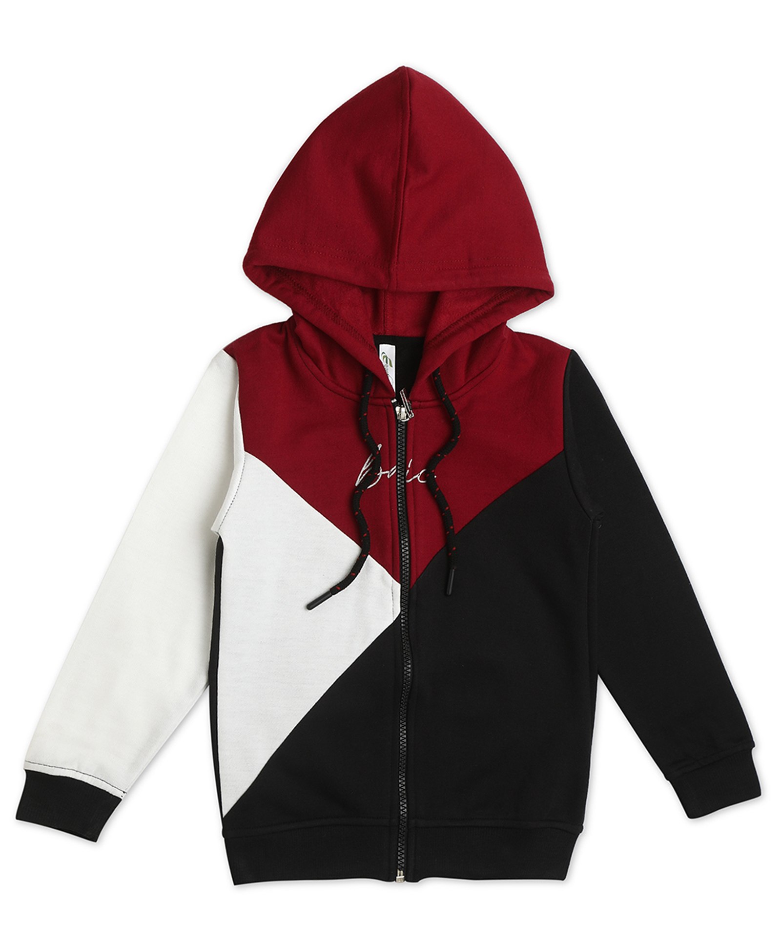 Earth Conscious Fleece Full Sleeves Colour BlockedHooded Jacket - Maroon & Black-image-2