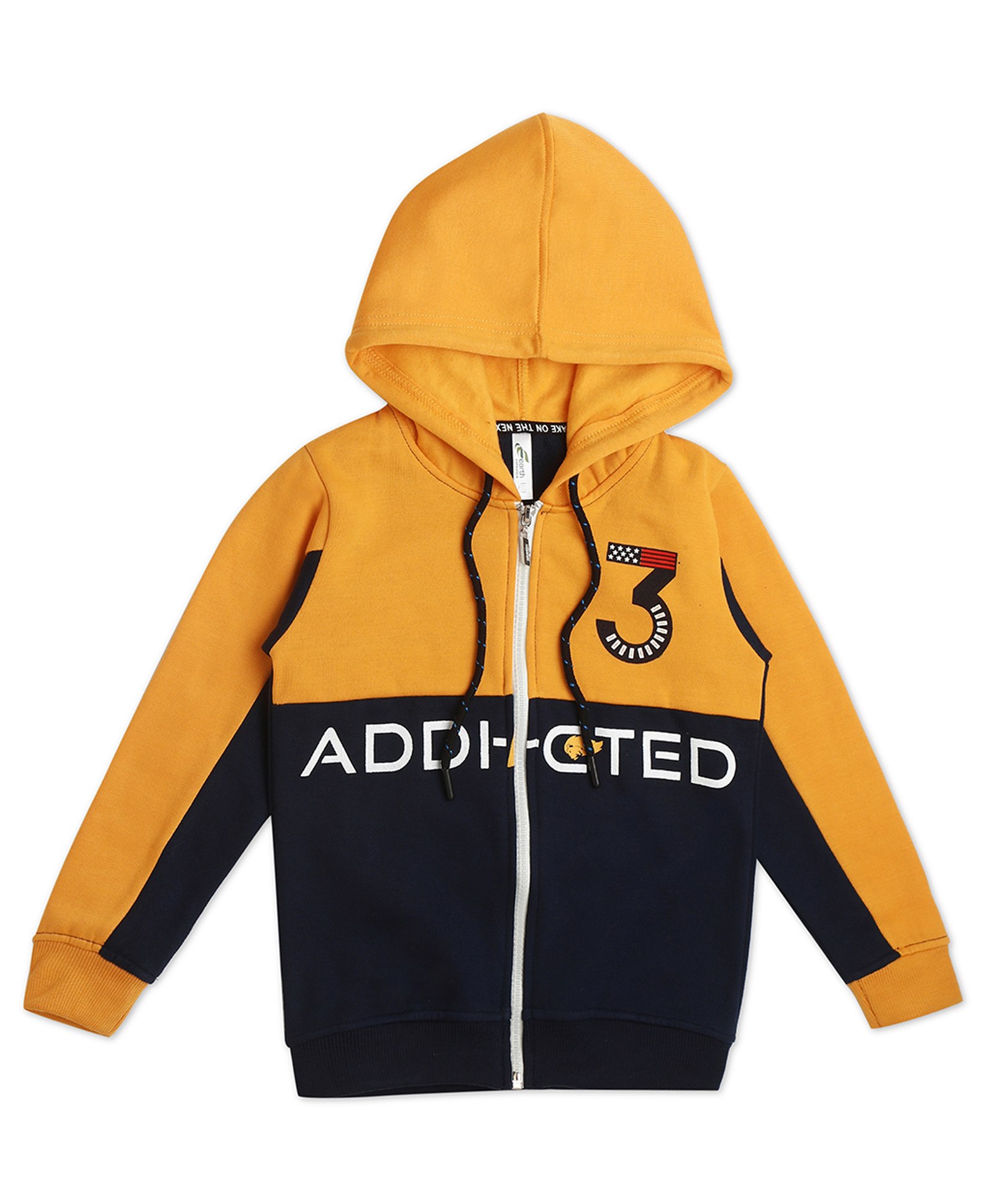 Earth Conscious Fleece Full Sleeves Placement Text & Colour Block Detailed Hooded Jacket - GoldenYellow Navy Blue-picture-25