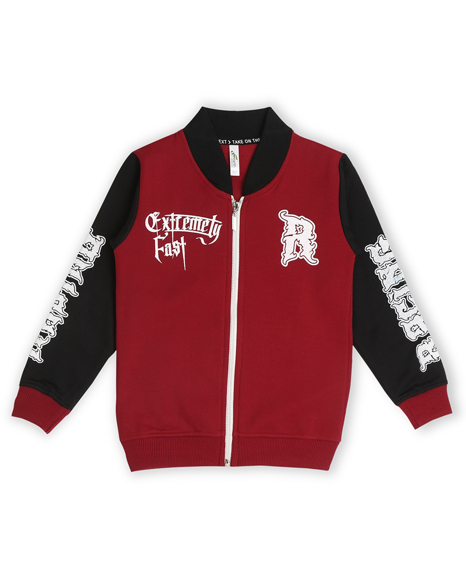 Earth Conscious Fleece Full Sleeves Placement Text Printed Zipper Bomber Style Sweat Jacket - Maroon & Navy Blue-image-30