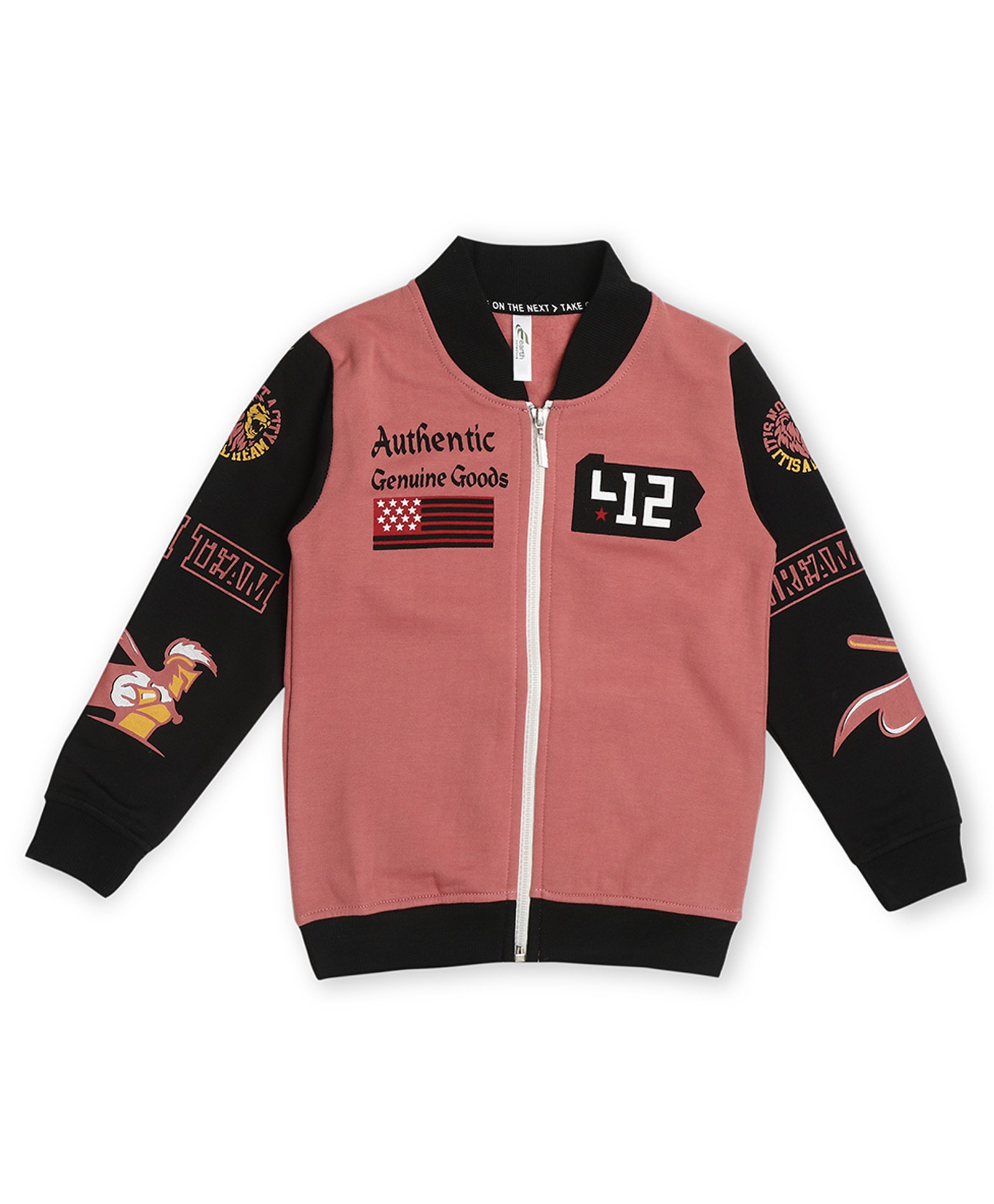 Earth Conscious Fleece Full Sleeves Placement Text Printed Zipper Bomber Style Sweat Jacket - Royal Pink & Black-image-45