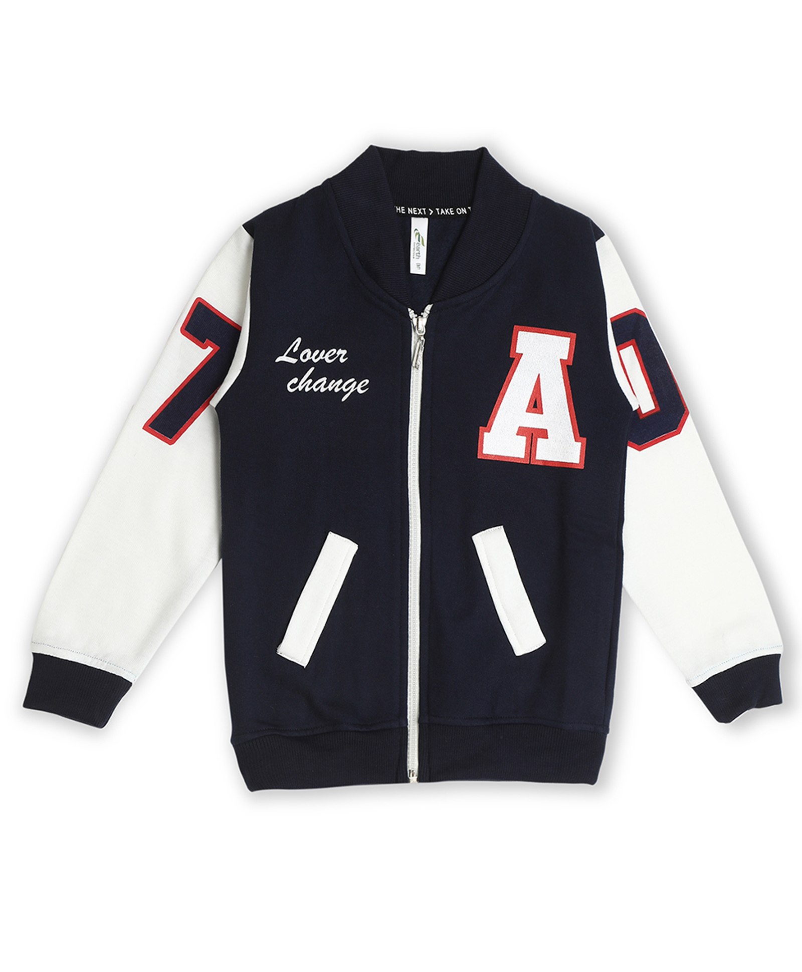 Earth Conscious Fleece Full Sleeves Placement Text Printed Zipper Bomber Style Sweat Jacket - Navy Blue & White-image-14