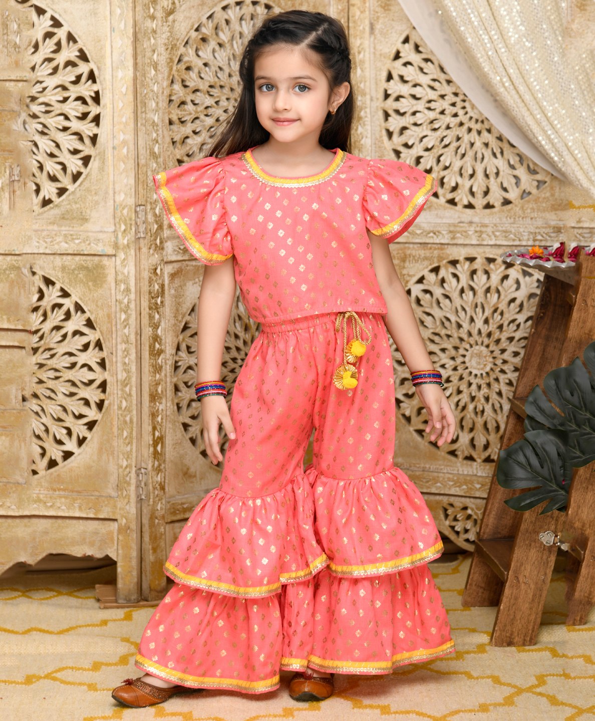 Saka Designs By Sapna Half Frill Sleeves Ethnic Motif Foil Printed Top And Sharara - Dark Peach & Gold-image-35