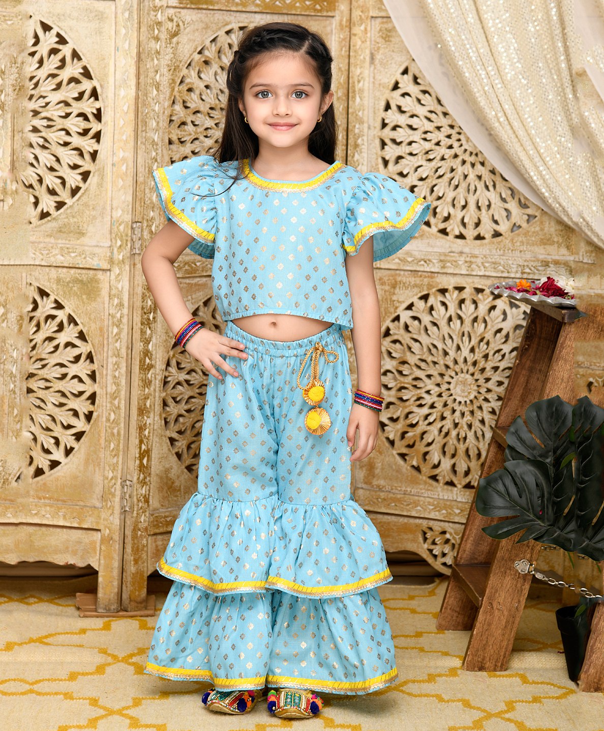 Saka Designs By Sapna Half Frill Sleeves Ethnic Motif Foil Printed Top And Sharara -  Sky Blue & Gold-picture-31