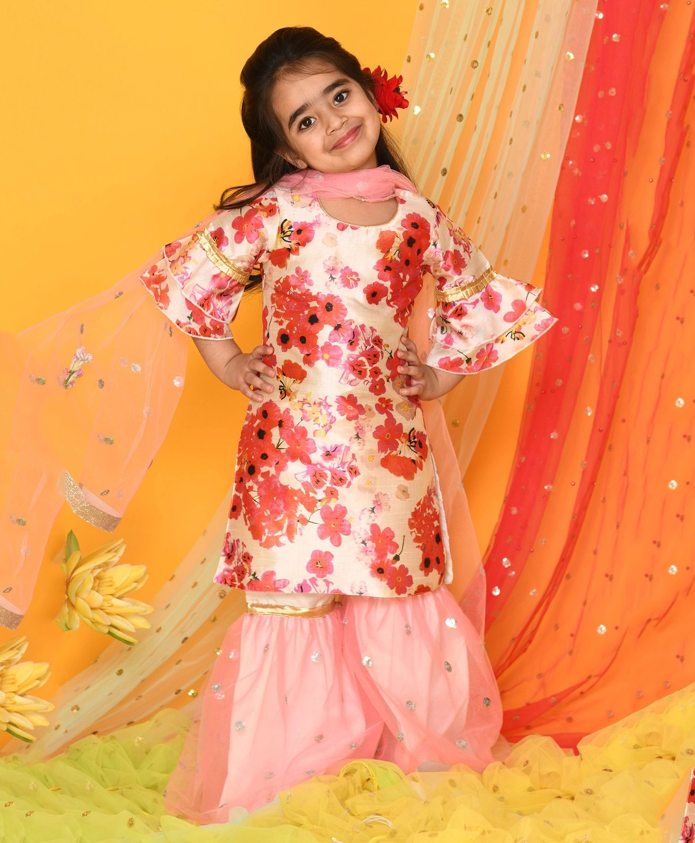 Saka Designs By Sapna Three Fourth Bell Sleeves Floral Printed Kurta With Sequin Embellished Sharara And Dupatta - Pink & White-image-24