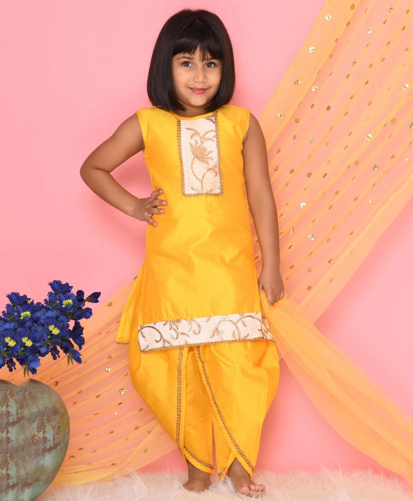 Saka Designs By Sapna Sleeveless Placement Floral Embroidered & Lace Embellished Kurta And Dhoti - Yellow-picture-29