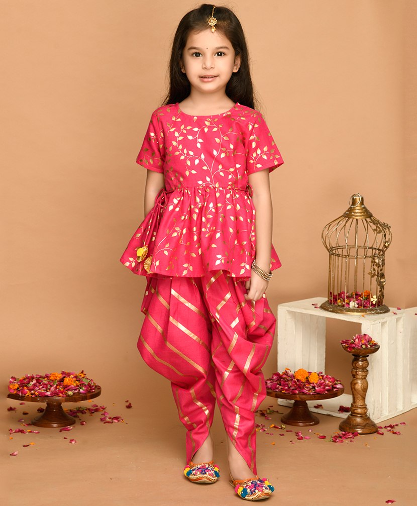 Saka Designs By Sapna Half Sleeves Leaf Swirl Foil Printed With Lace Embellished Kurta & Dhoti Set - Fuchsia Pink & Golden-image-32