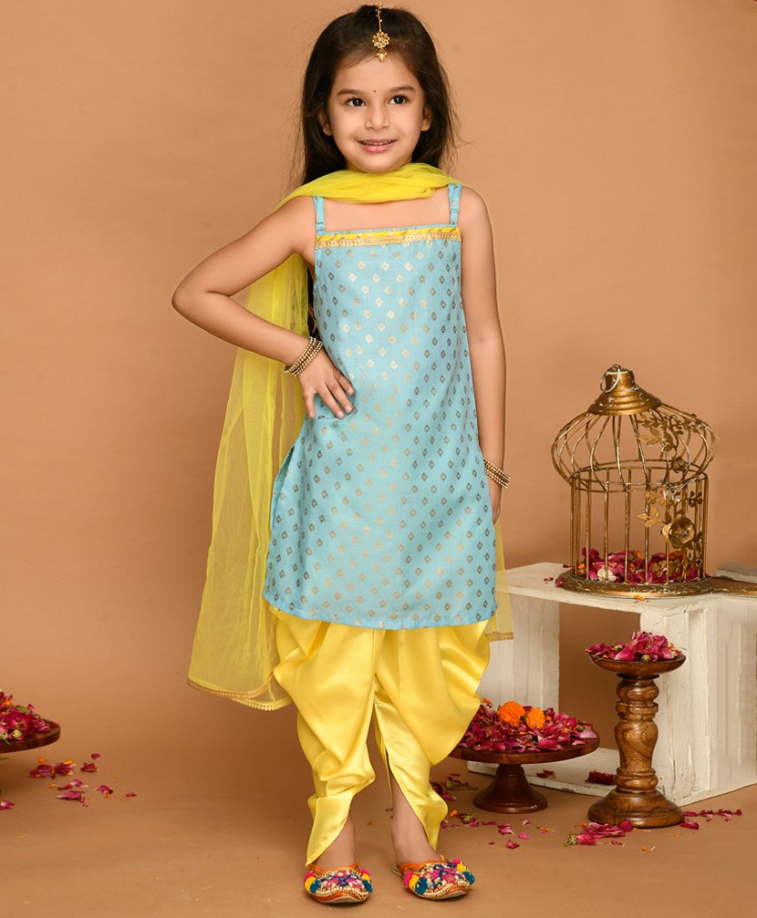 Saka Designs By Sapna Sleeveless Ethnic Floral Motif Foil Printed With Gota Lace Embellished Kurta & Dhoti With Dupatta - Sky Blue & Yellow-picture-43