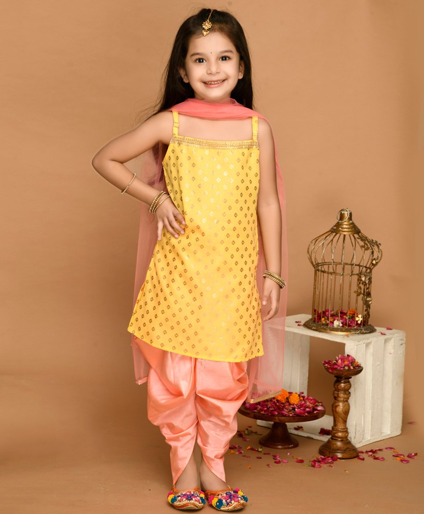 Saka Designs By Sapna Sleeveless Ethnic Floral Motif Foil Printed With Gota Lace Embellished Kurta & Dhoti With Dupatta - Yellow & Neon Pink-picture-28