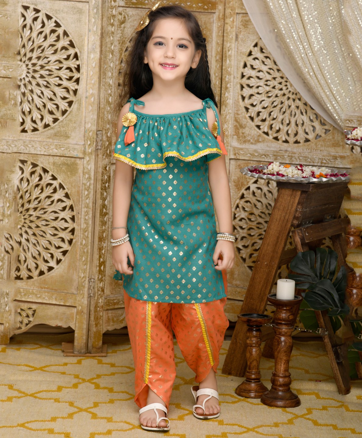 Saka Designs By Sapna Cold Shoulder Ruffle Half Sleeves Ethnic Motif Foil Printed & Lace Embellished Kurta & Tulip Pant - Teal Green & Orange-picture-11