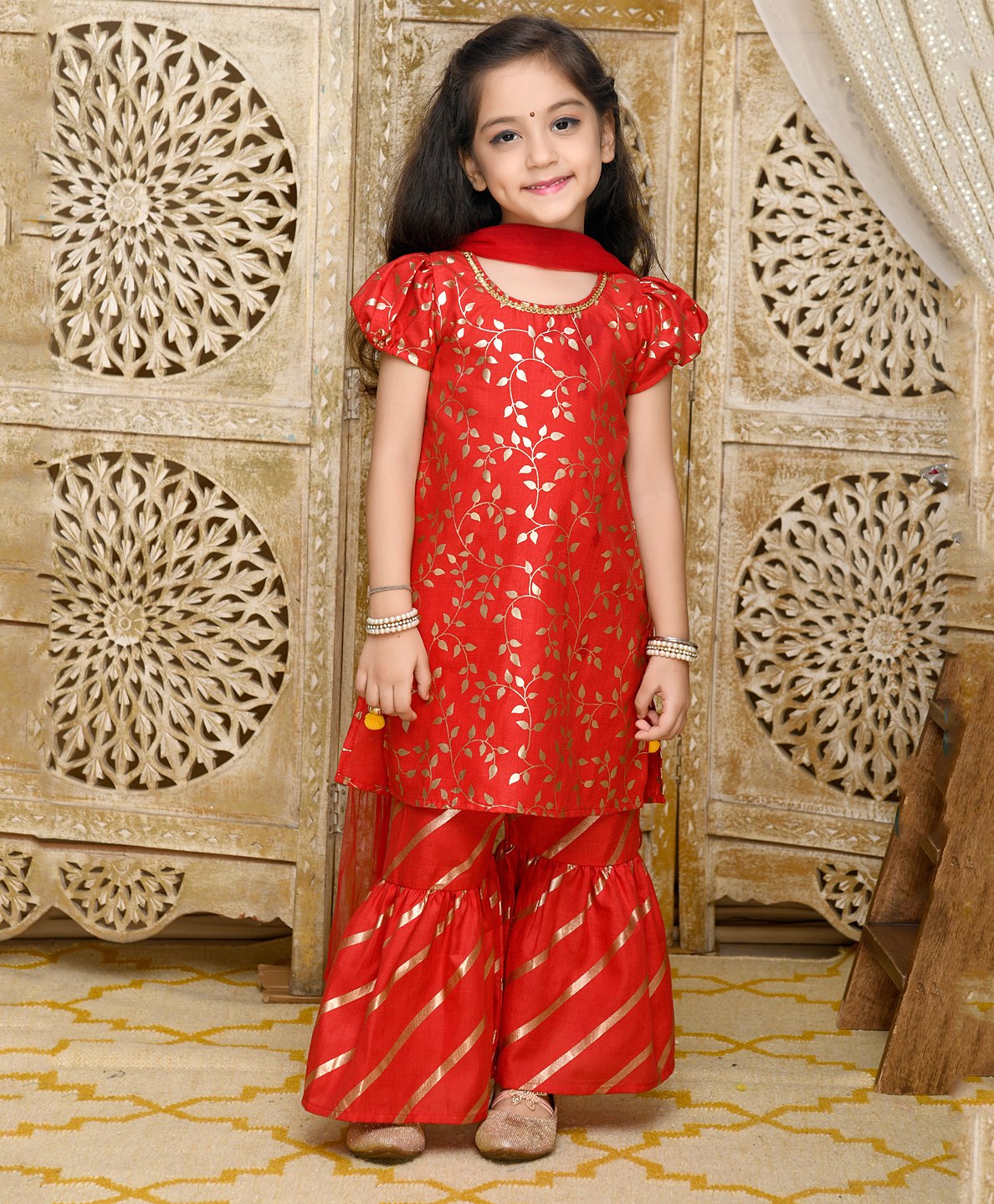 Saka Designs By Sapna Half Puffed Sleeves Leaf Swirl Foil Printed & Gota Lace Embellished Kurta & Sharara Set - Red & Golden-picture-14