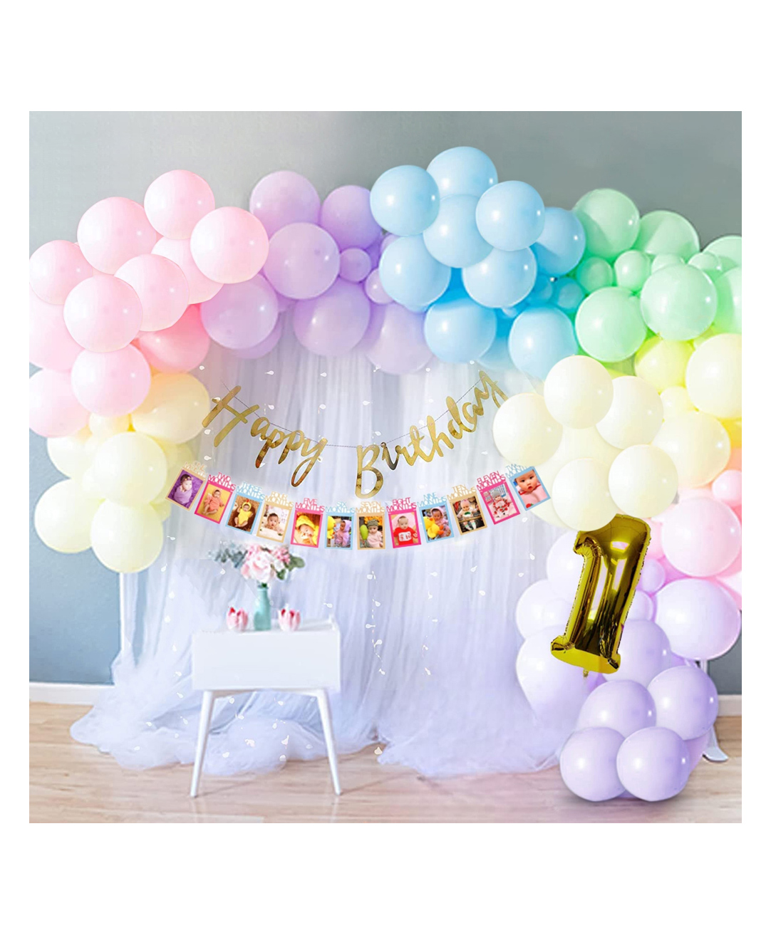 Special You 1st Birthday Decoration DIY Combo Kit 1st Birthday  Theme with Net Curtain Gold- Pack of 61 Items-image-4