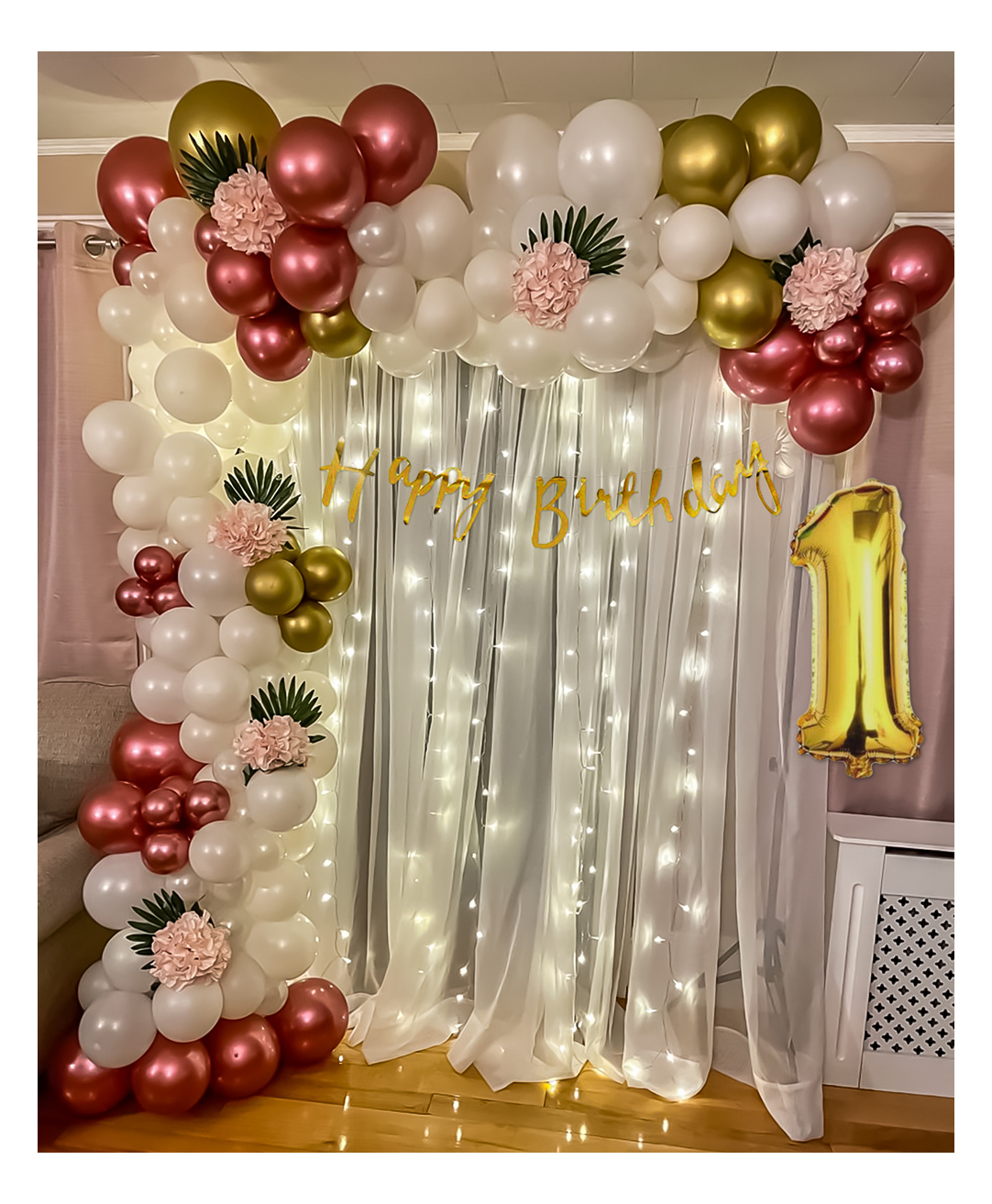 Special You 1st Happy Birthday Decoration Items  with Palm Leaves and White Net Curtain Gold -  Pack of 68 Items-image-5