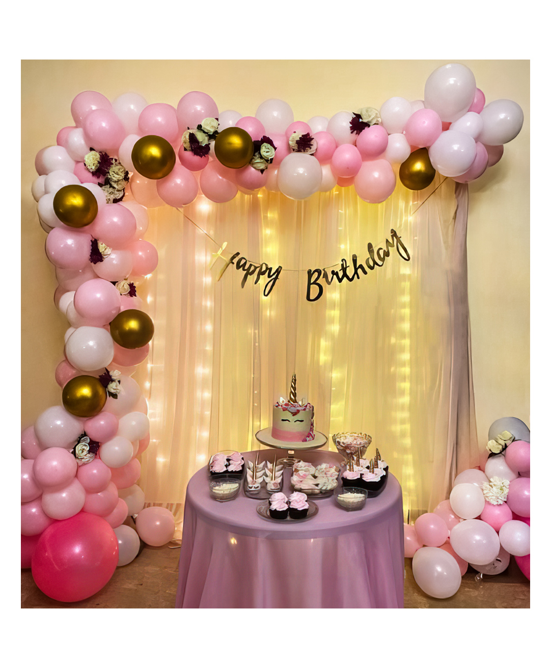 Special You Birthday Decoration Items with White Net Curtain & Fairy Lights Decorative Kit Pink - Pack of 74 Items-picture-36