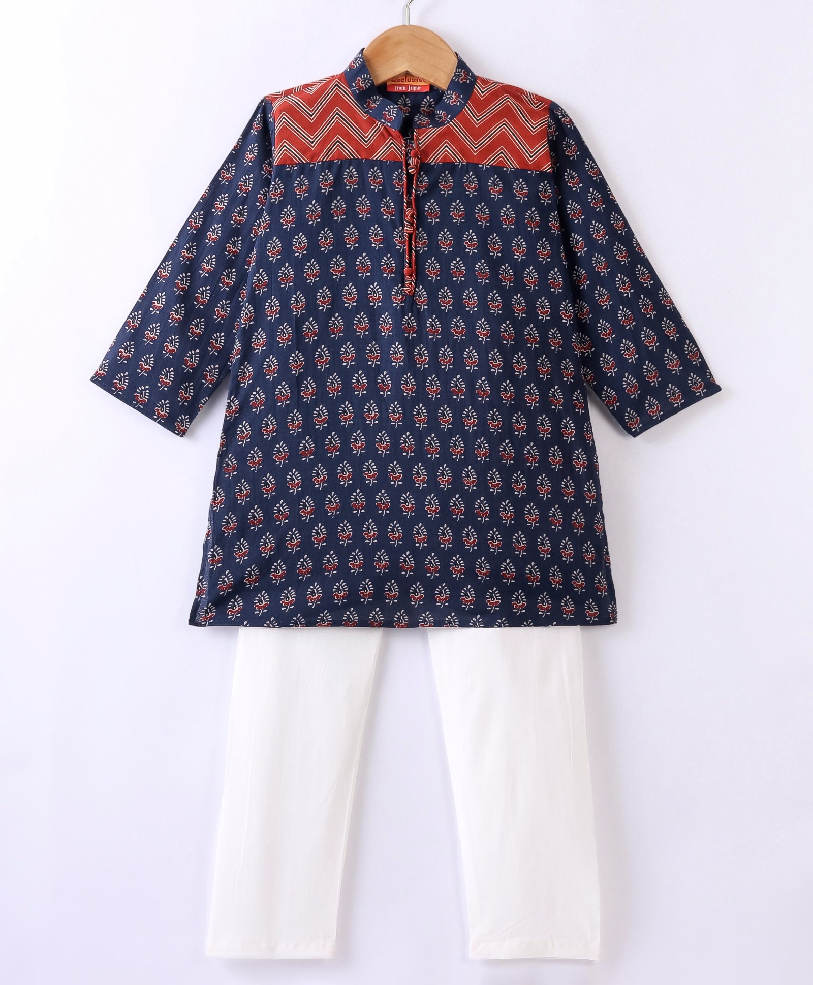 Exclusive from Jaipur Cotton Full Sleeves Kurta & Pyjama Set Ikat Print - Blue & Off White-image-37