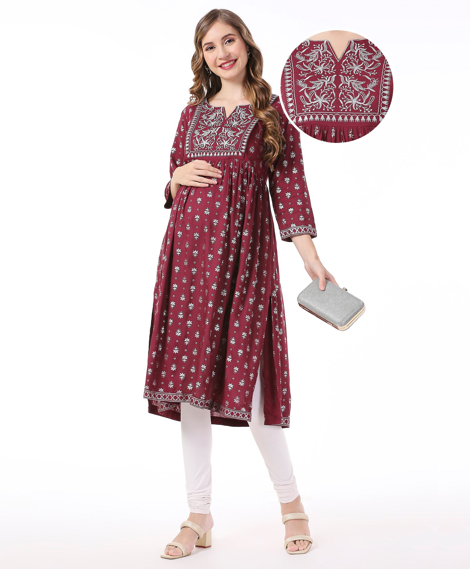 Bella Mama Viscose Woven Three Fourth Sleeves Floral Embroidered Yoke Maternity Kurta with Pocket - Wine Maroon-image-29