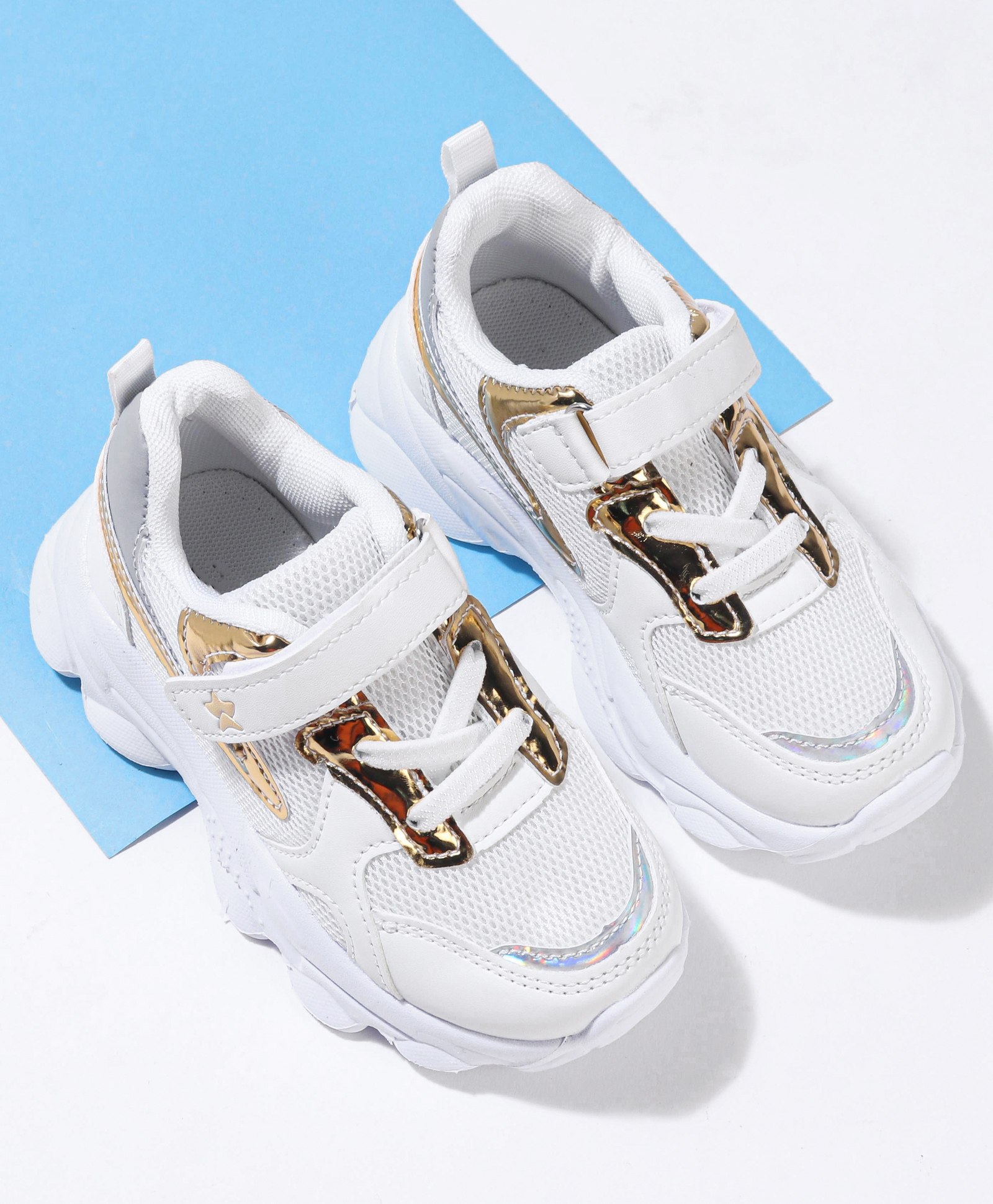 Cute Walk by Babyhug Holographic Sneakers with Velcro Closure - White & Golden-image-24