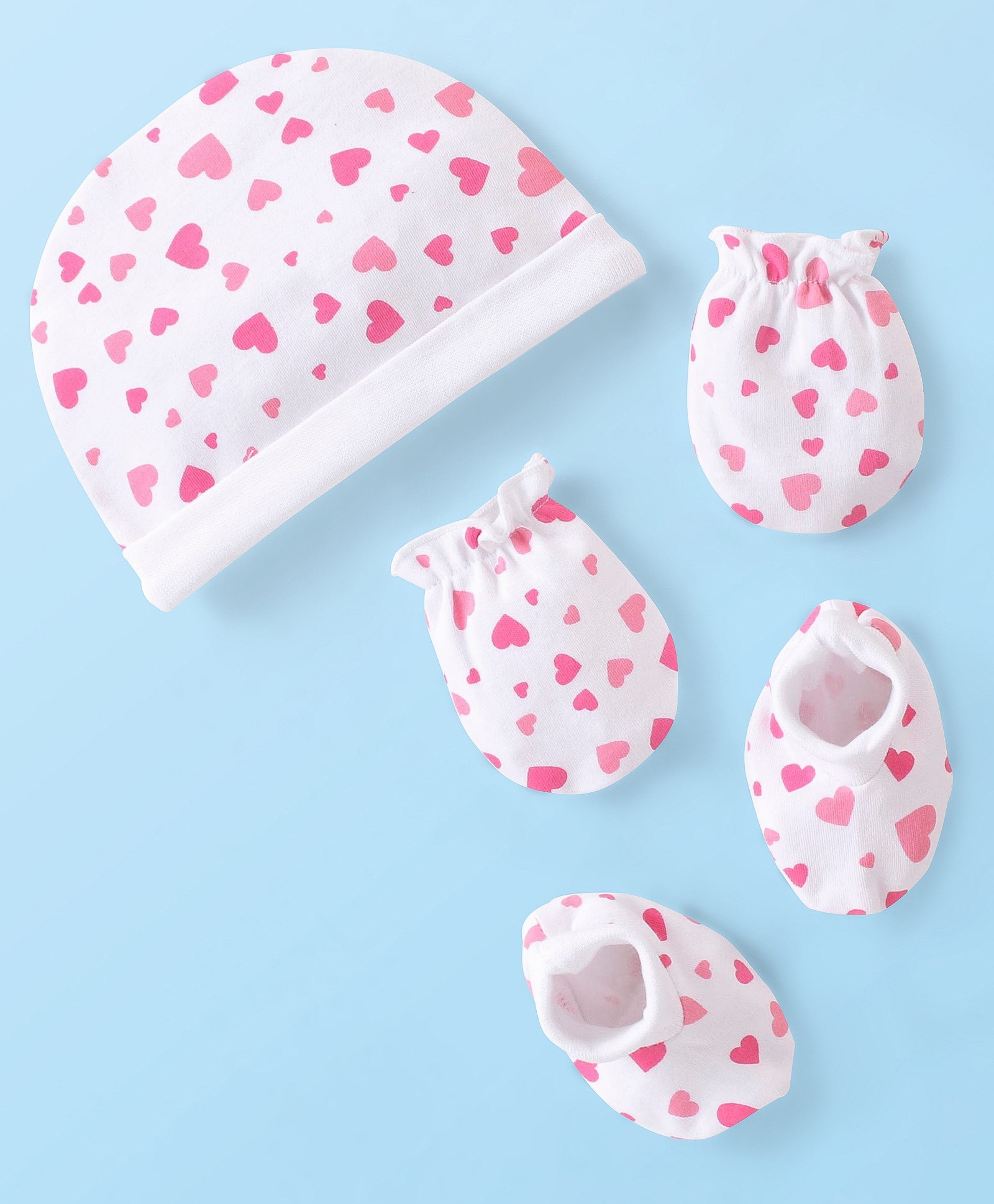 Babyhug 100% Cotton Knit Cap Mittens & Booties Set Heart Print - White-image-20
