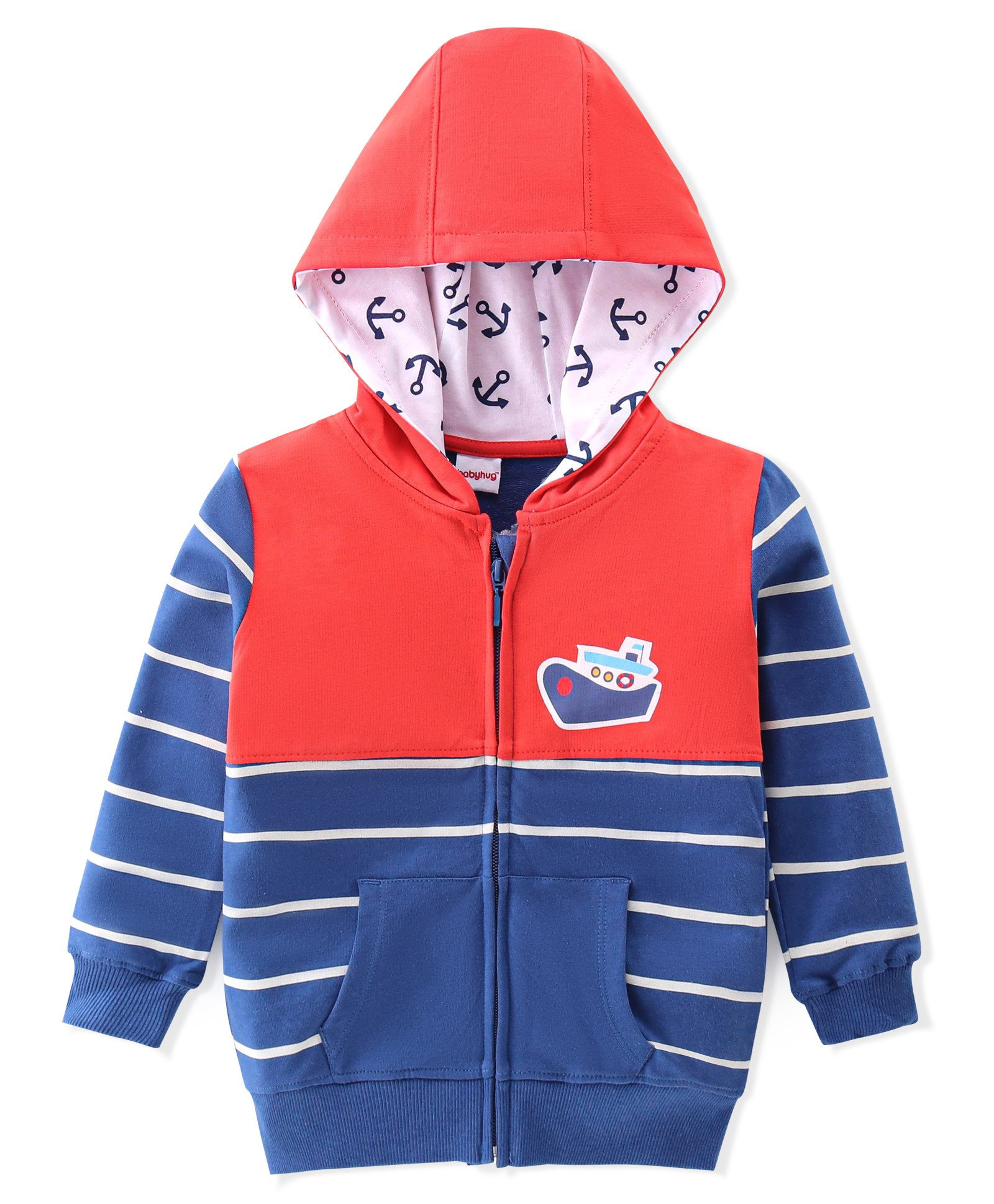 Babyhug Cotton Knit Full Sleeves Front Open Sweatjacket with Hood Striped - Navy Blue & Red-image-29