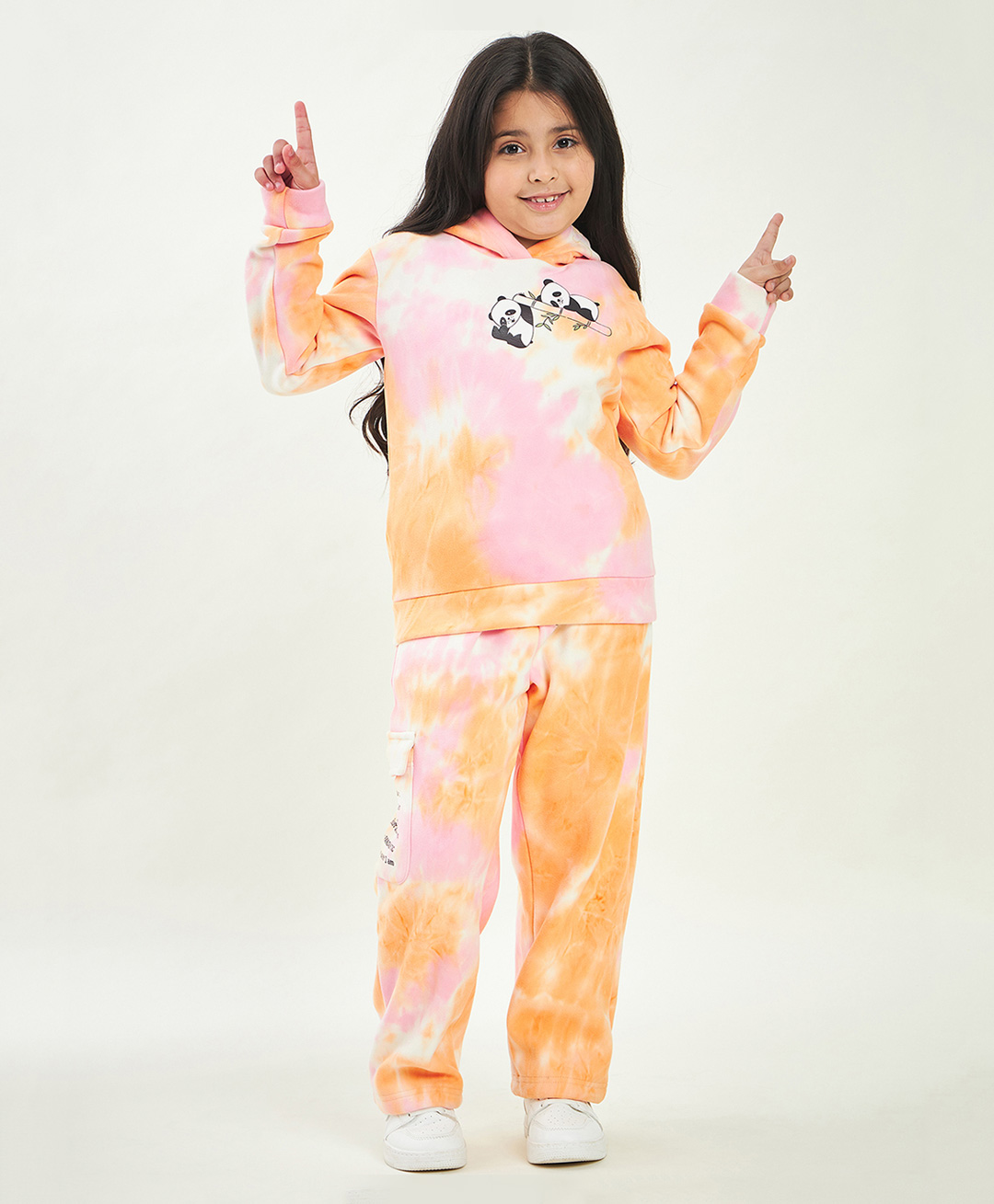 stylobug Stylo Bug Full Sleeves Placement Pandas Printed Tie Dye Coordinating Hooded Sweatshirt Set - Pink-picture-28