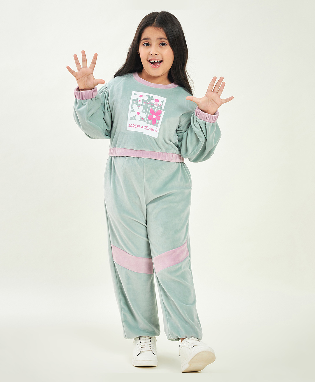 Stylo Bug Full Sleeves Placement Irreplaceable Text & Flowers Printed Sweatshirt Set - Green-image-42