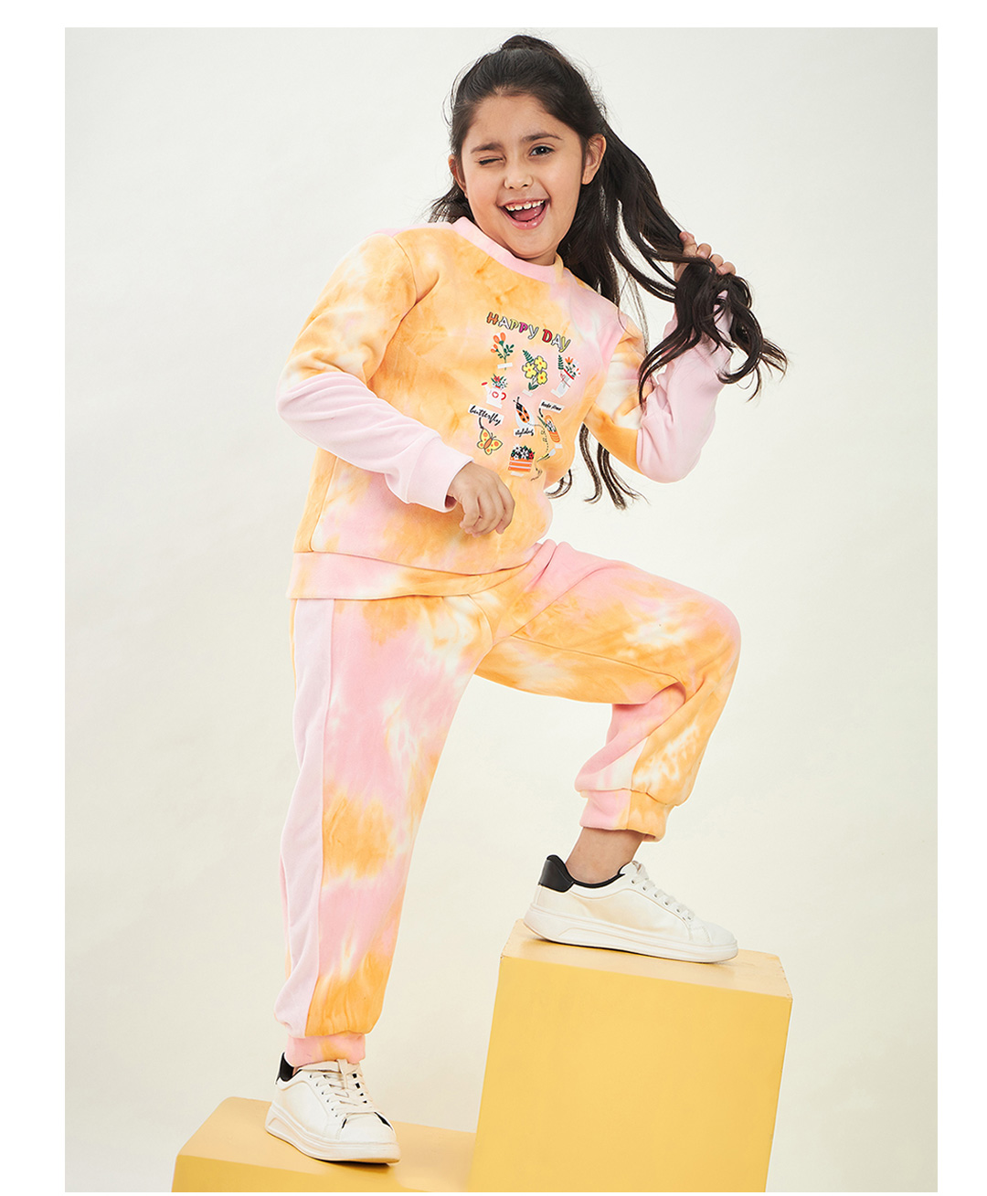 stylobug Stylo Bug Full Sleeves Placement Happy Day Floral & Butterfly Printed Tie Dye Coordinating Sweatshirt Set - Pink-picture-25