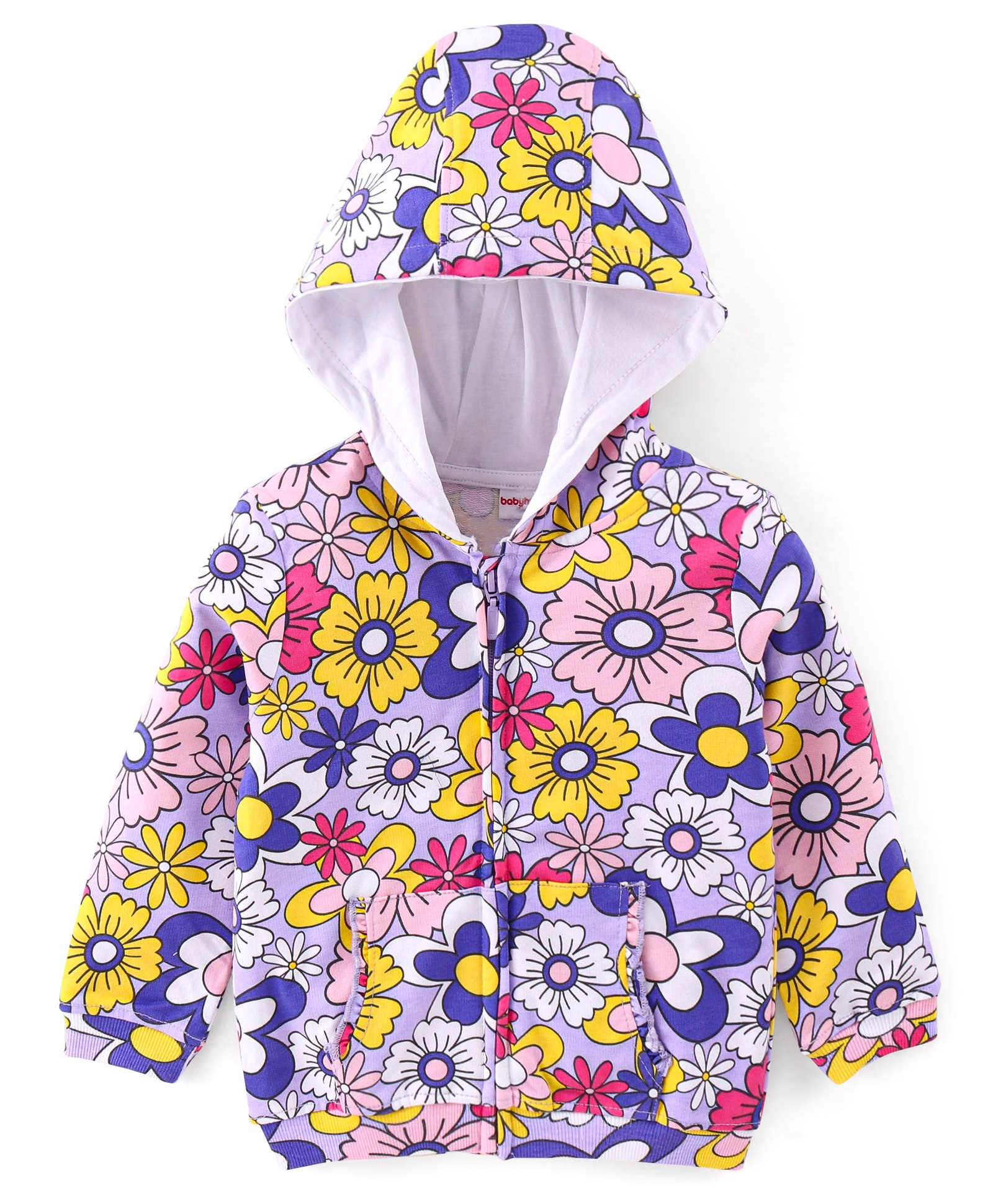 Babyhug Cotton Knit Full Sleeves Front Open Sweat Jacket with Hood Zipper & Floral Print - White & Pink-picture-27
