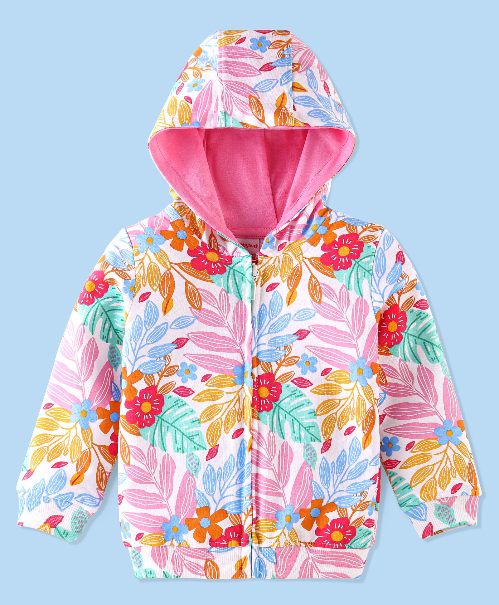 Babyhug 100% Cotton Knit Full Sleeves Hooded Sweat Jacket with Front Zipper & Floral Print - Multicolor-image-20