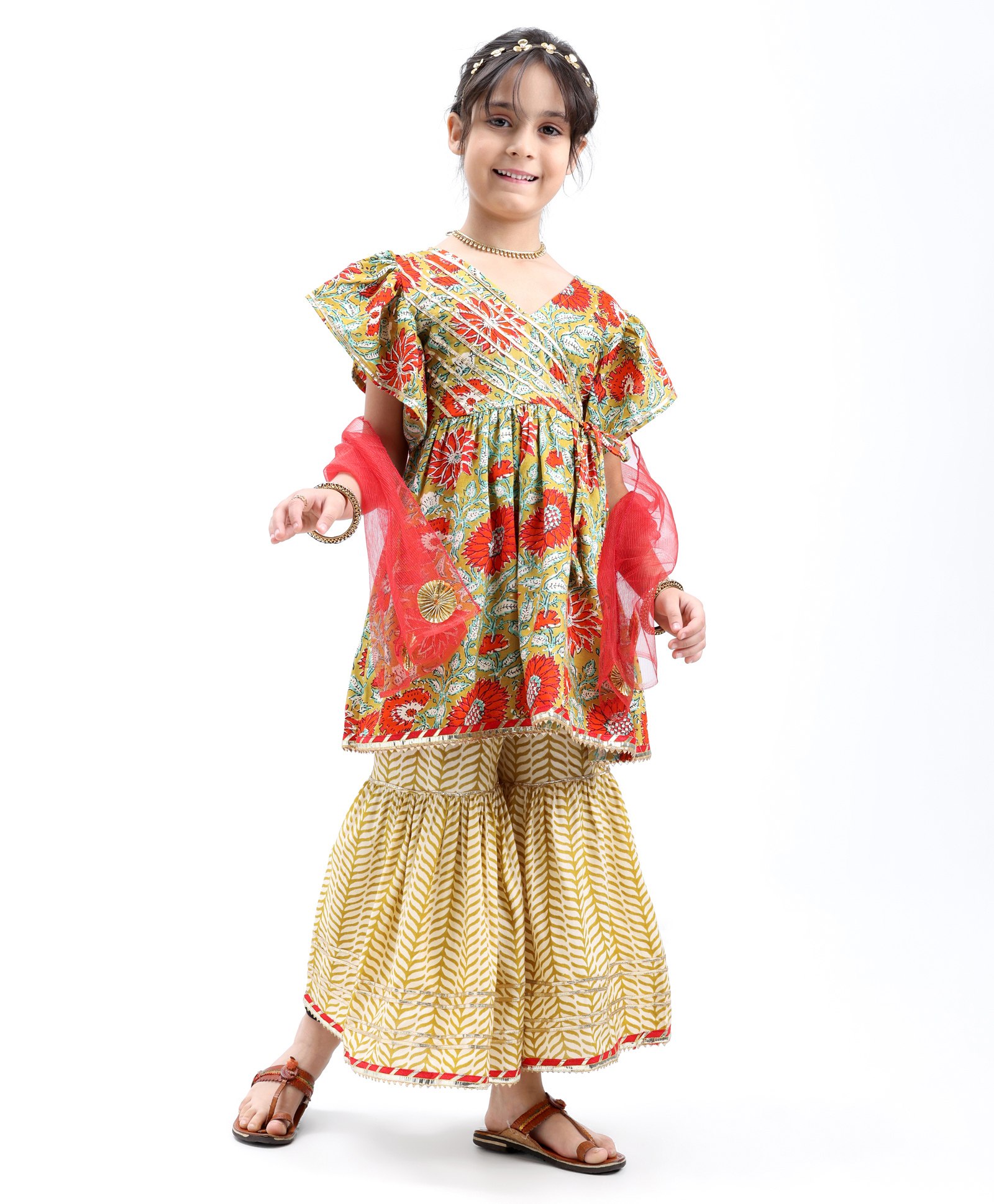 Teentaare Cotton Half Sleeves Kurta & Sharara Set with Dupatta Floral Printed - Red-image-26